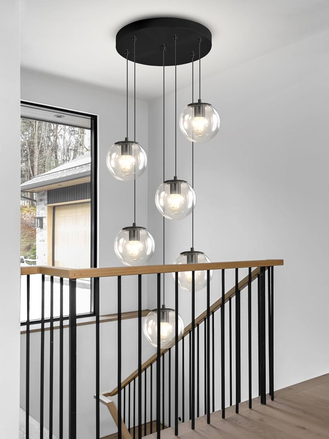 H 87in Modern Glass Globe Chandelier 6-Lights Glass Pendant Light for Staircase Black Globe Chandelier Clear Glass Hanging Lighting for Living Room Bedroom Entryway