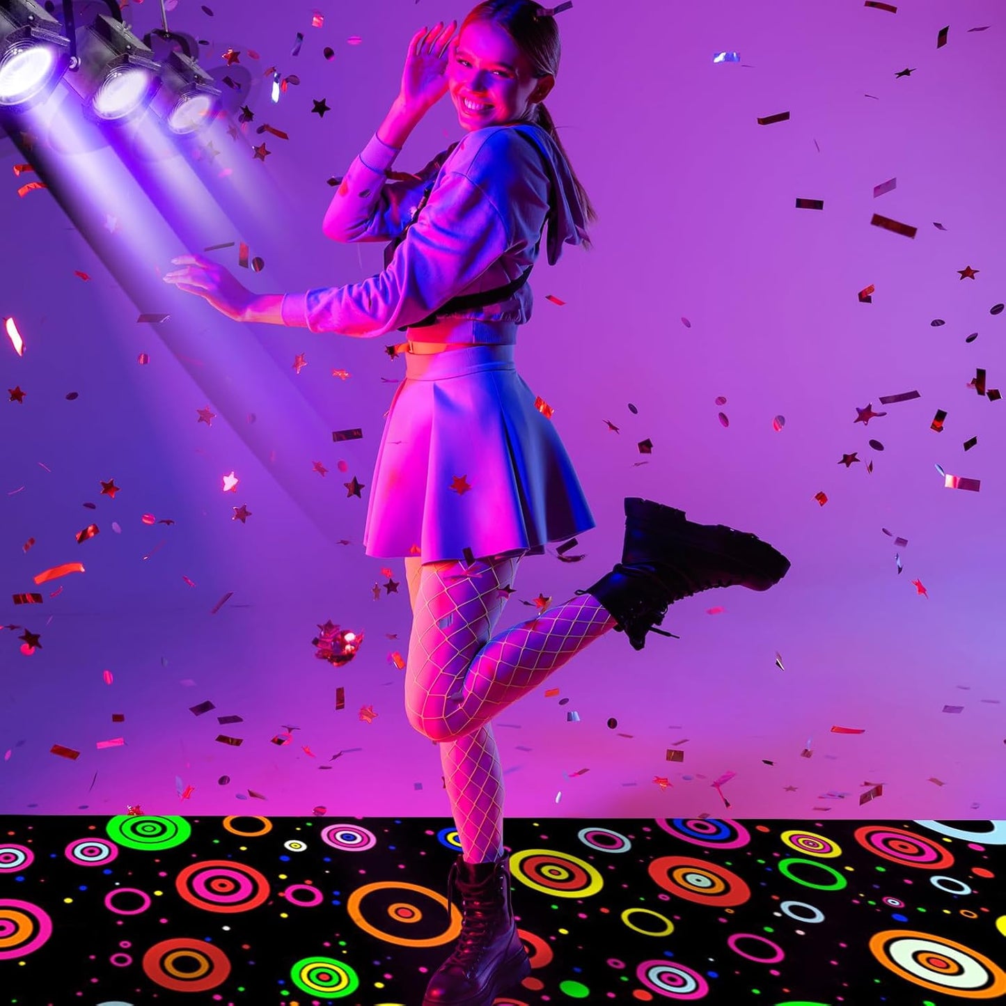 Haull 118 x 39 Inch Neon Light up Dance Floor Glow in The Dark Runner UV Reactive Blacklight Floor Aisle Runner Decor Wall Props for 80s 90s Neon Birthday Party Decorations(Ring)