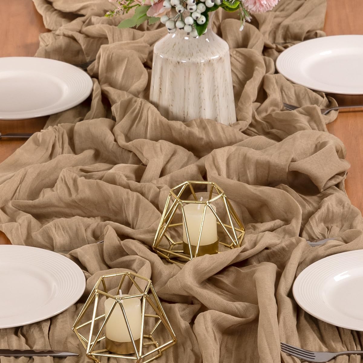 MLMW 4 Pack Fall Table Runner Boho Nude Brown Cheesecloth Table Runner Autumn Gauze Rustic Tan Cheese Cloth 160 inch 13.3ft for Thanksgiving Wedding Party Baby Bridal Shower Birthday