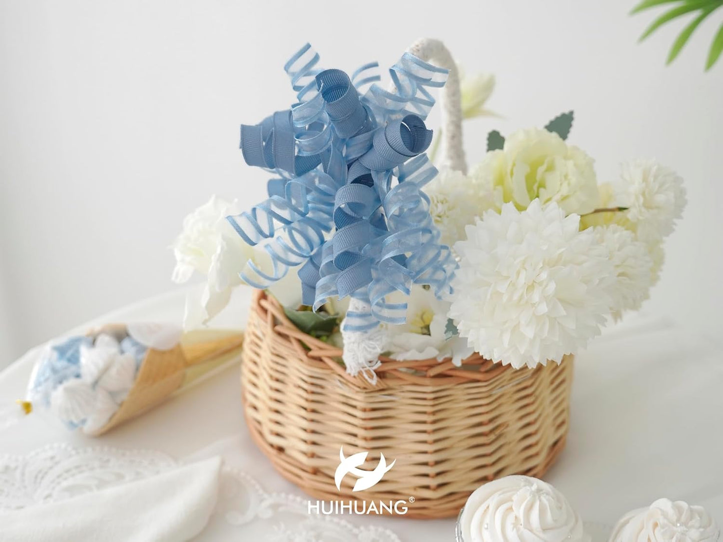 HUIHUANG Blue Gift Bows 5 inch x 8 Counts Dusty Blue Self-Adhesive Curly Ribbon Bows for Gift Wrapping, Presents, Paper Bag, Baby Shower Favors, Wrapping Accessories, Wedding Decor