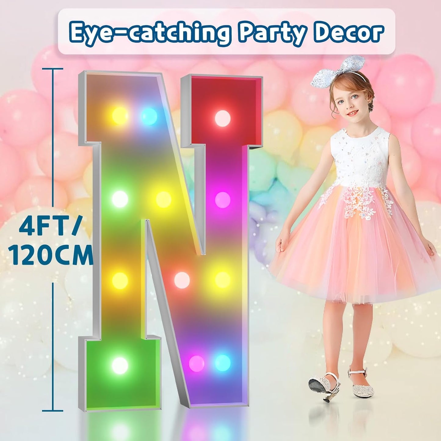 imprsv 4FT Colorful Marquee Light Up Letters N, 18 Colors Large Light up Letters Alphabet Sign with Remote, Large Marry Me Sign, Birthday Party Decorations Baby Shower Anniversary Wedding Decoration