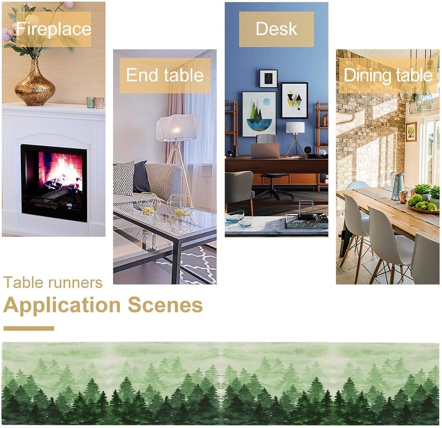 Foggy Forest Table Runner,Watercolor Wreen Misty Forest Landscape Table Runner for Kitchen Dining Table Home Party Decoration 13x90 Inch