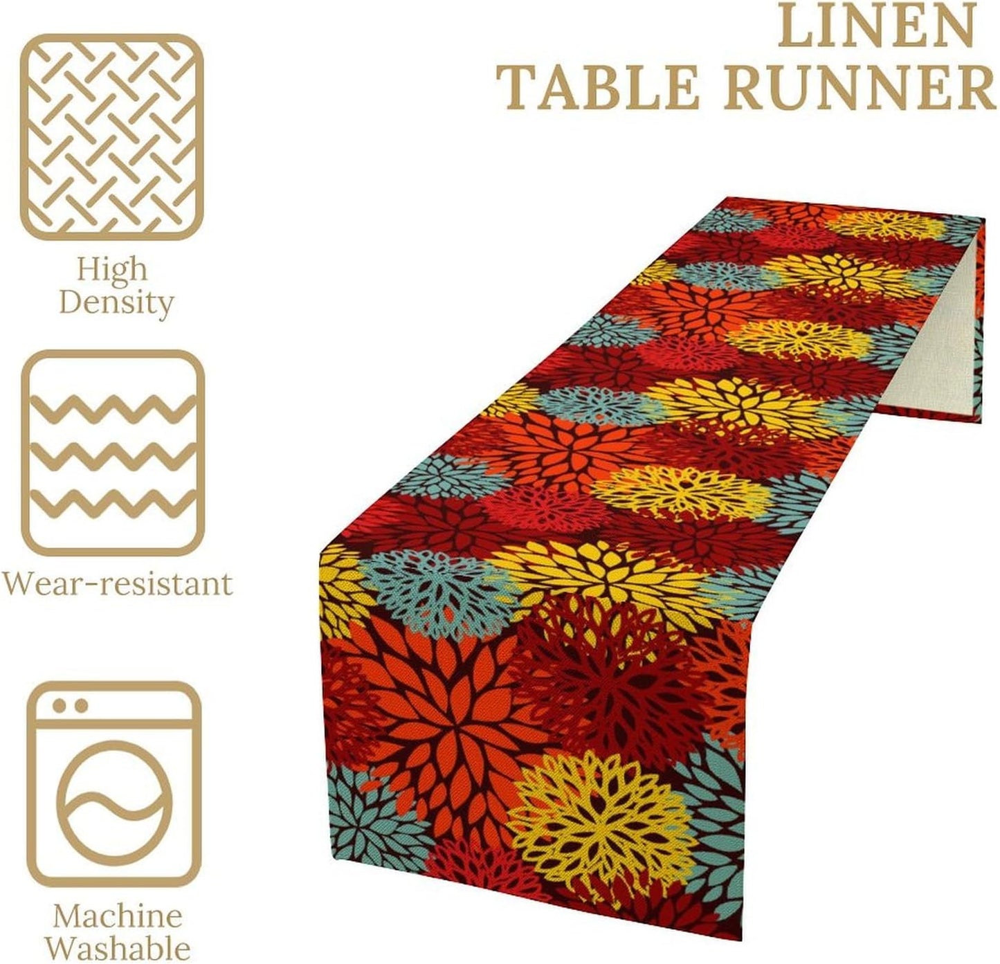 Red Yellow Dahlia Table Runner, Seasonal Autumn Thanksgiving Pattern Print for Home Kitchen Table Decor Dining Coffee Room Party Decor 13x60 Inch