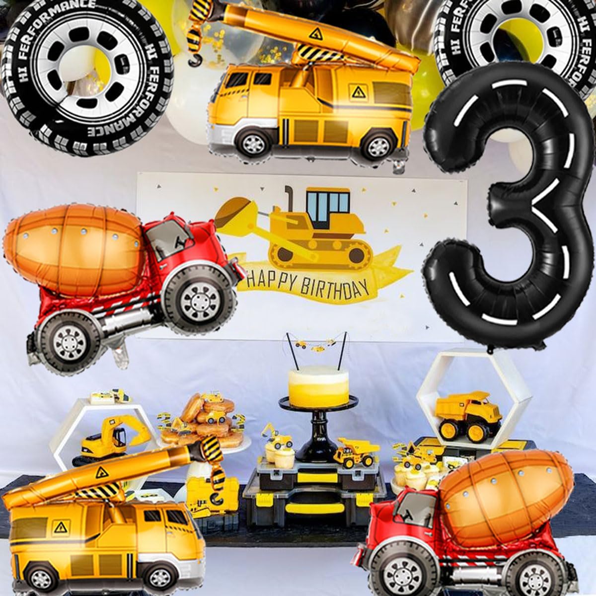 3rd Birthday Decorations for Boys Construction Balloons 40inch Number 3 Balloons Truck Foil Balloon for Construction Birthday Party Decorations Supplies