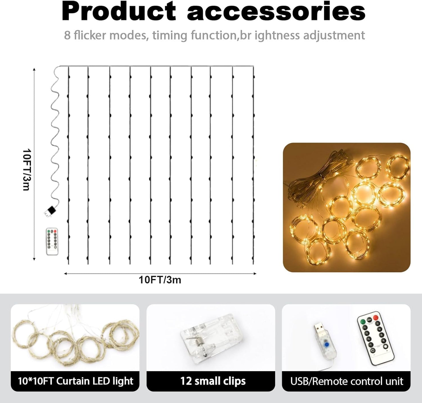 10 x 10 FT Pearl White Tulle Backdrop Curtain with Lights Strings,Wedding Background Curtain Baby Shower Birthday Parties Photo Decorations(2 Panels 5×10ft)