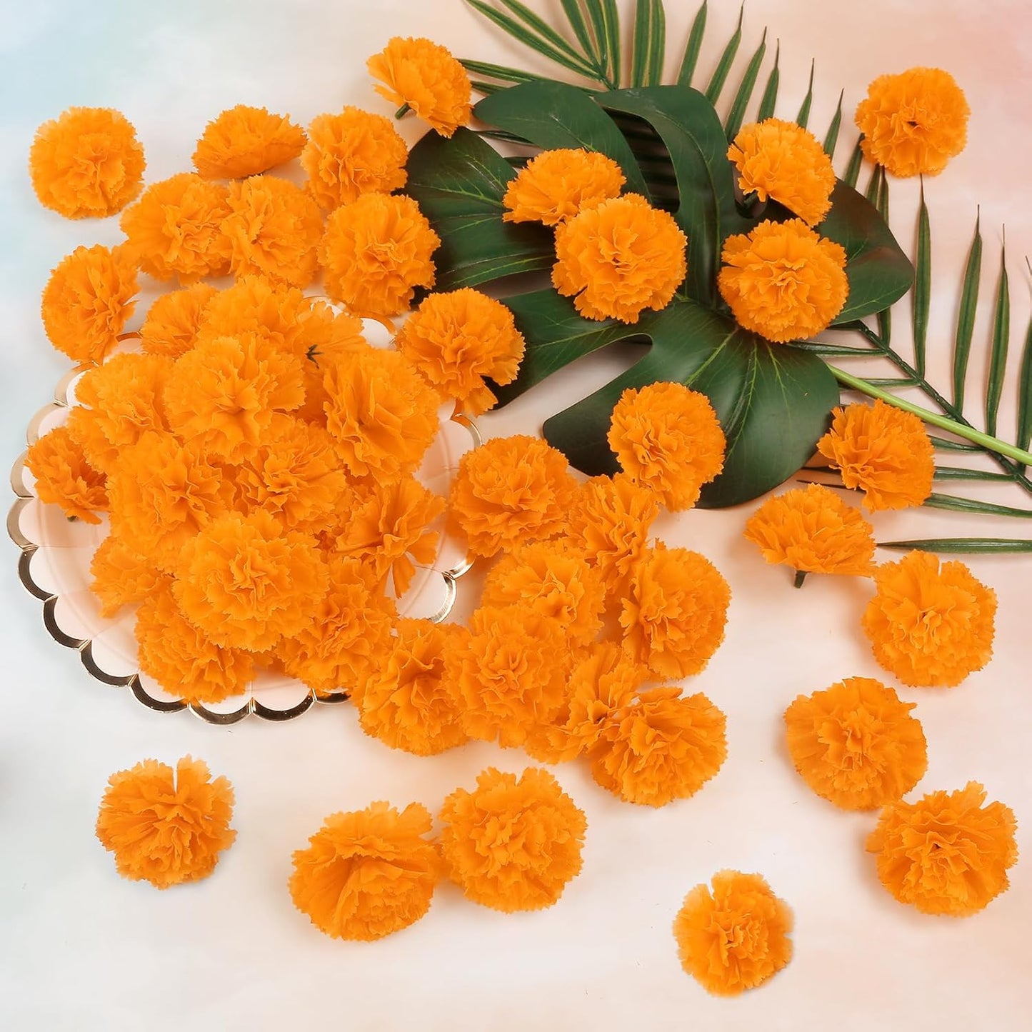 30 Pcs Artificial Marigold Flowers,3.54" Silk Marigold Flower Heads with Stems,Orange Flowers Artificial for Diwali Decor,Indian Wedding,Home,DIY Wreath Garland,Day of The Dead Decorations