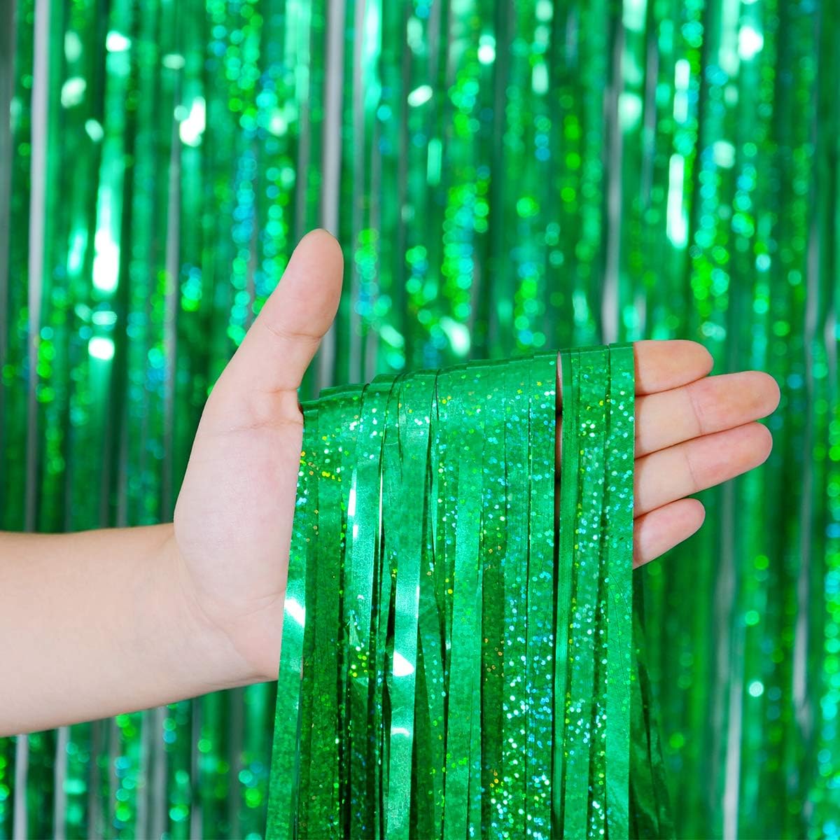 Foil Fringe Curtains April fool's Day Decorations - Melsan 3 Pack 3.2 x 8.2 ft Green Tinsel Curtain Party Photo Backdrop for Birthday Party Baby Shower or Graduation Decorations