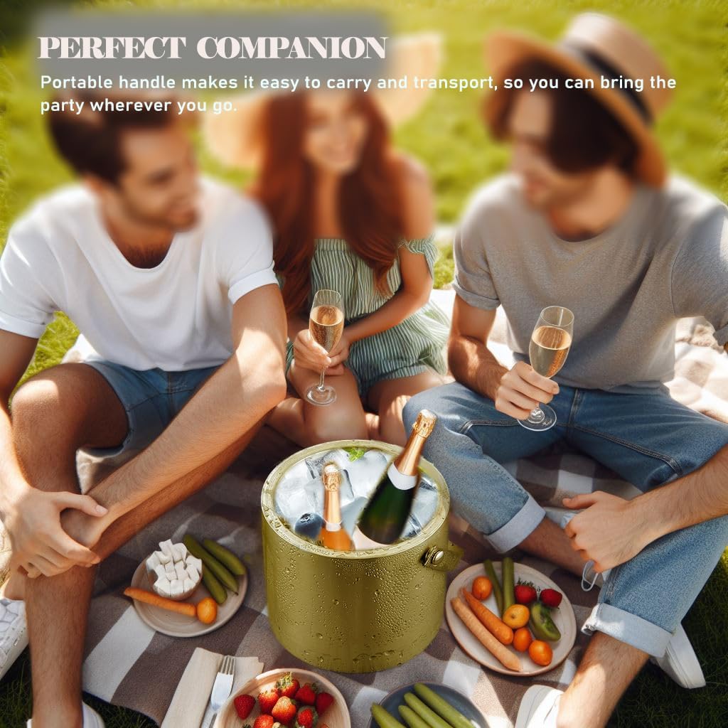 Gold Ice Bucket with Lid, Handle and Tong Insulated Stainless Steel Champagne Bucket 3L Wine Bucket for Party Bar Cart Accessories Large Double Wall Bucket Keep Frozen