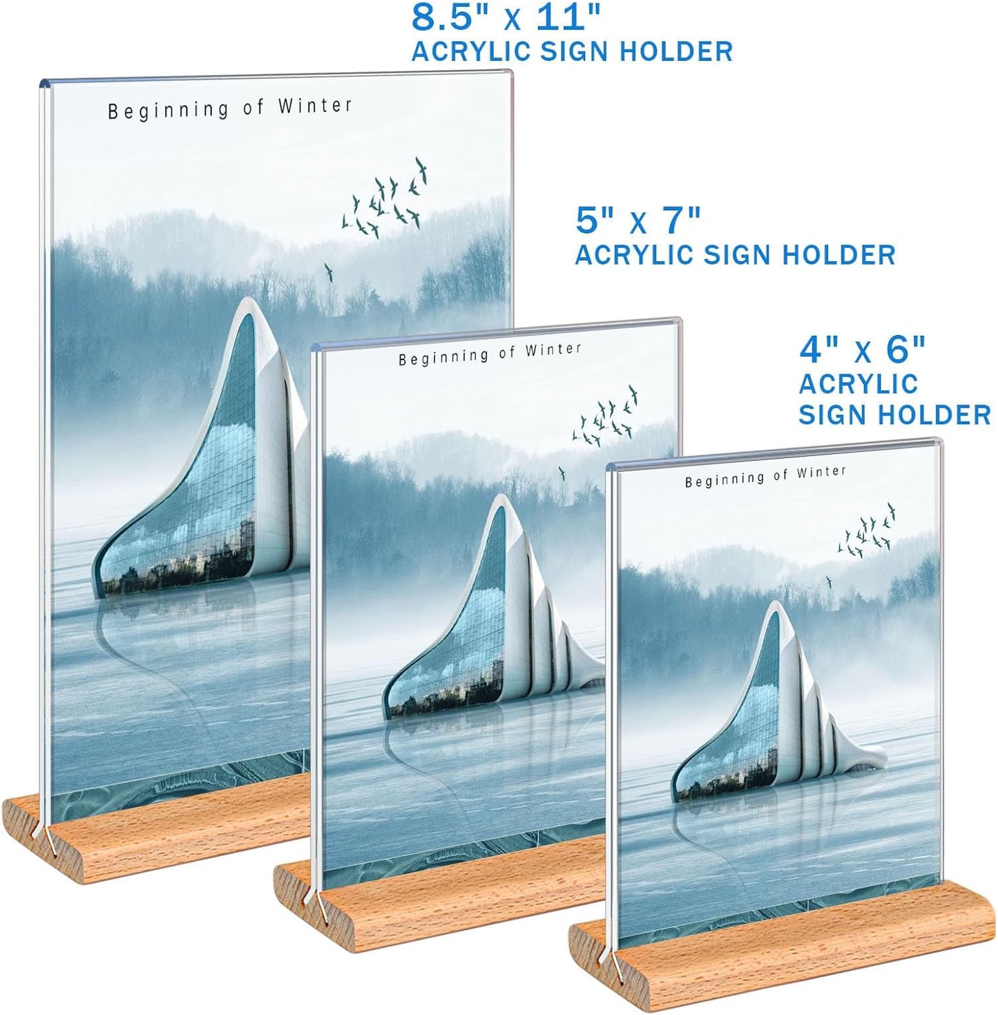 Kersally Acrylic Sign Holder 5 x 7, 6 Pack Double-Sided Clear Table Display Stands with Wood Base,Vertical Acrylic Frame Menu Flyer Paper Holder for Stores, Restaurants, Hotels, Office, Show Fair