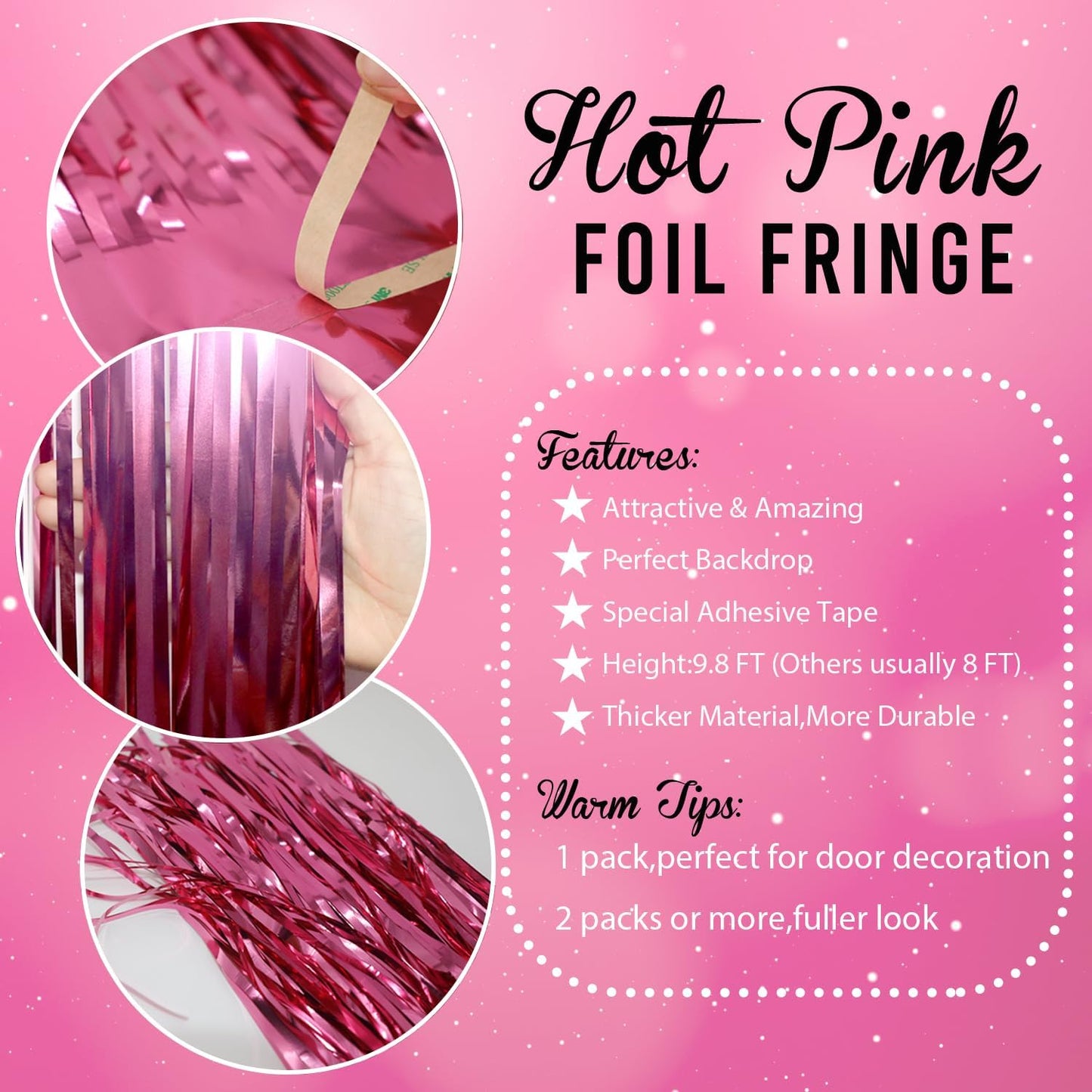 GOER 3.2 ft x 8.2 ft Metallic Tinsel Foil Fringe Curtains Party Photo Backdrop Party Streamers for Galentines Day,Birthday,Graduation,New Year Eve Decorations Wedding Decor (4 Packs,Hot Pink)