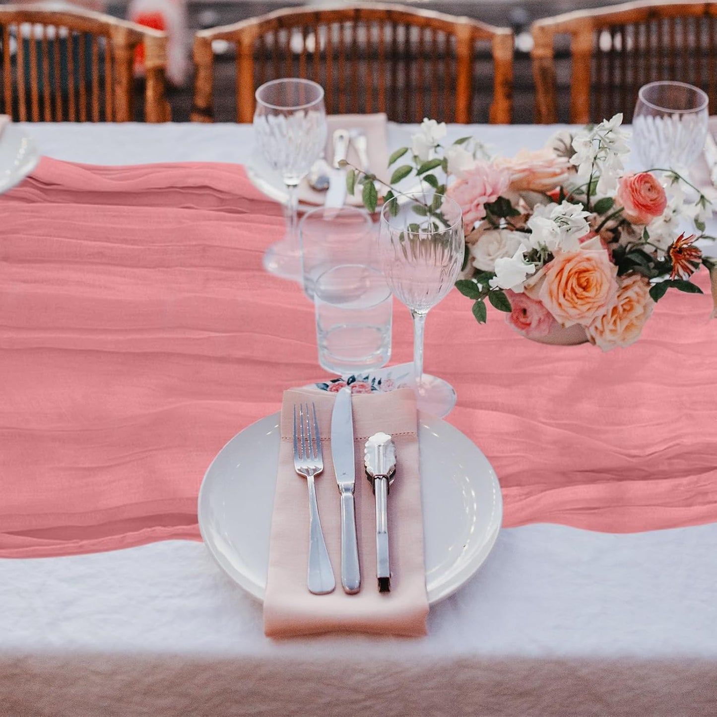 12 Pack Cheesecloth Table Runner, Runner Gauze Boho Wedding Decor Romantic Table Runner for Wedding Birthday Party(35" x 118")(Pink)