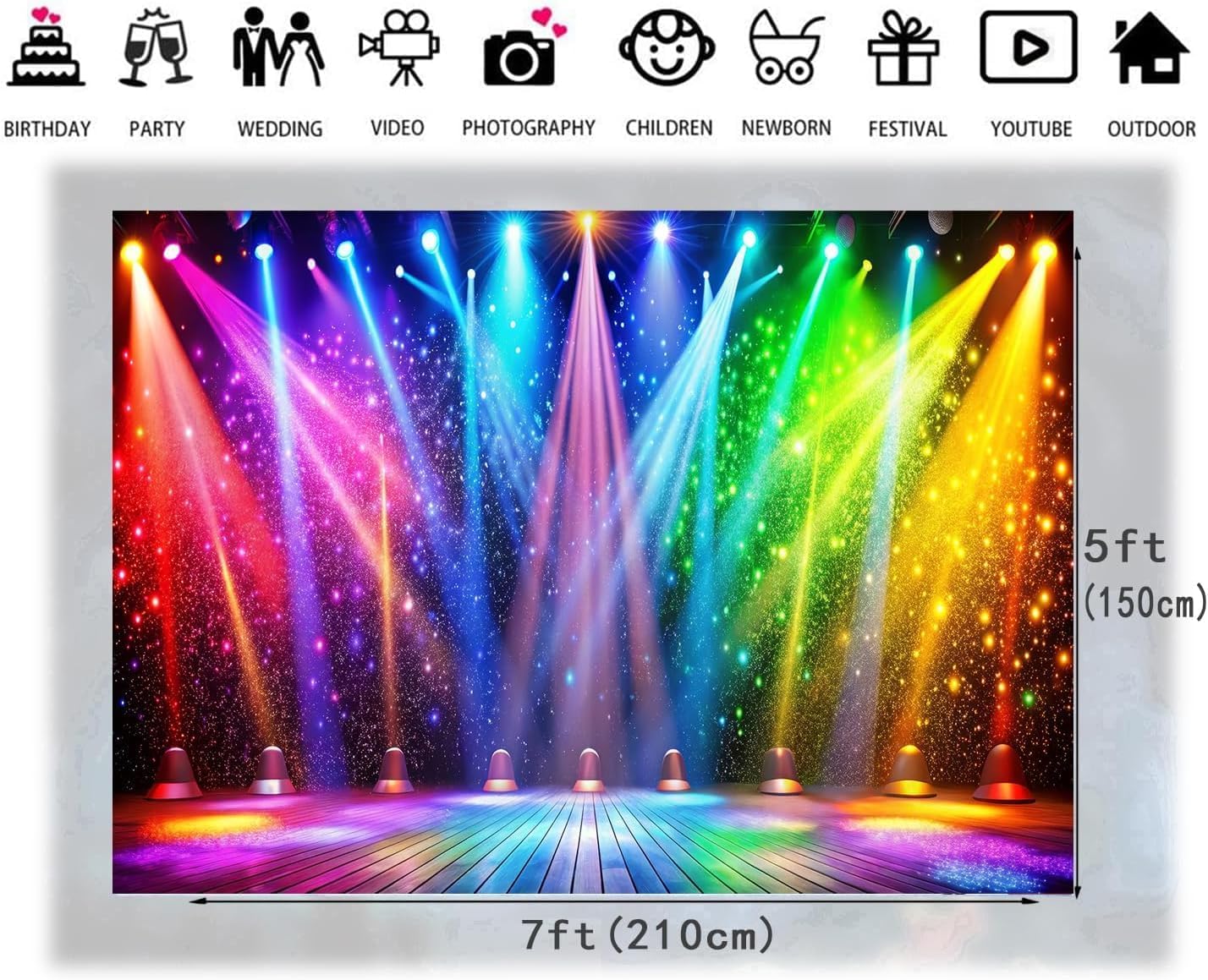 LTLYH 7x5ft Fabric Disco Rainbow Stage 70s 80s 90s Backdrop Vintage Lights Photography Background Rock Music Club Neon Glow Party Decorations Photo Banner 312