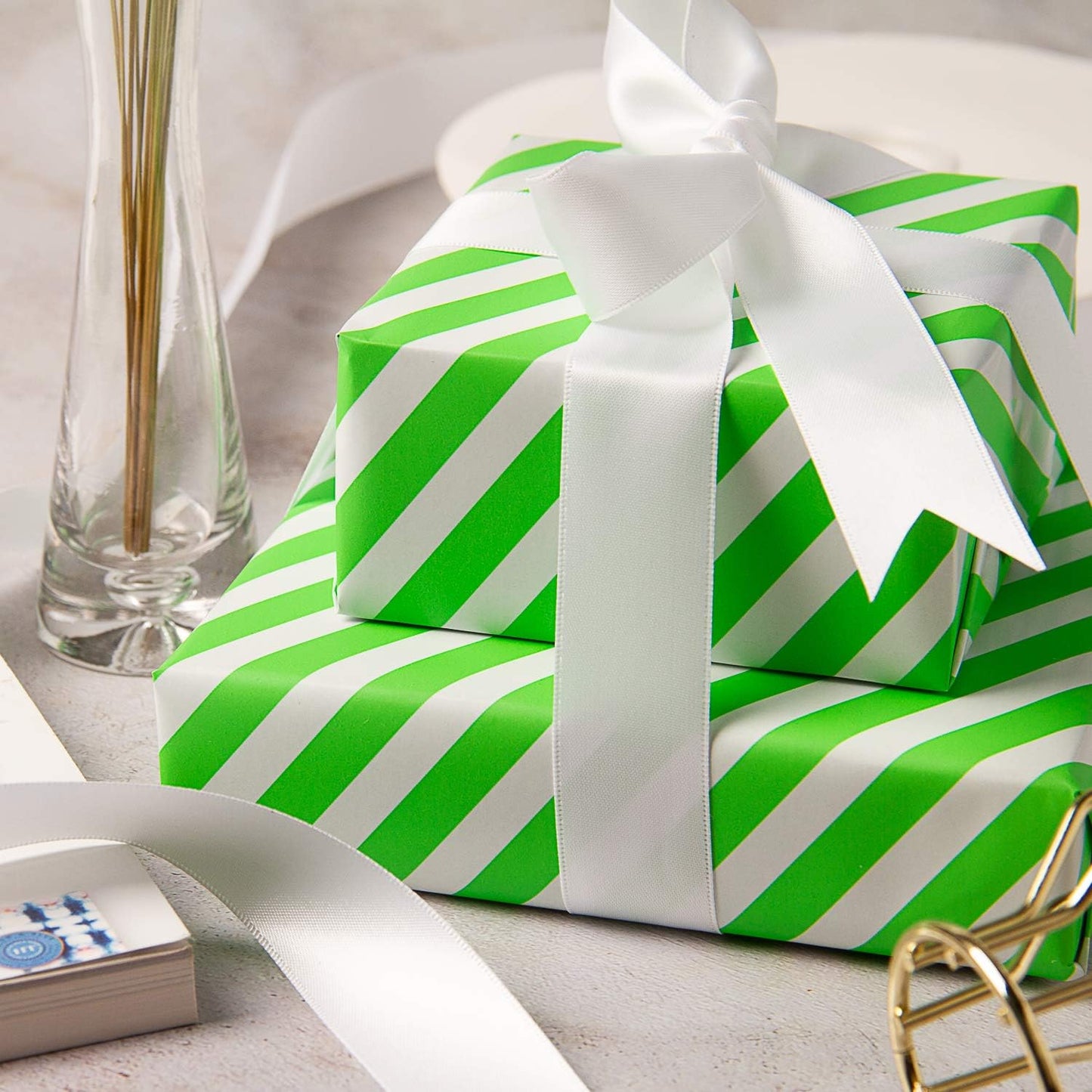 WRAPAHOLIC Reversible Wrapping Paper - Mini Roll - 17 Inch x 33 Feet - Green and Stripes Design for Birthday, Holiday, Wedding, Baby Shower