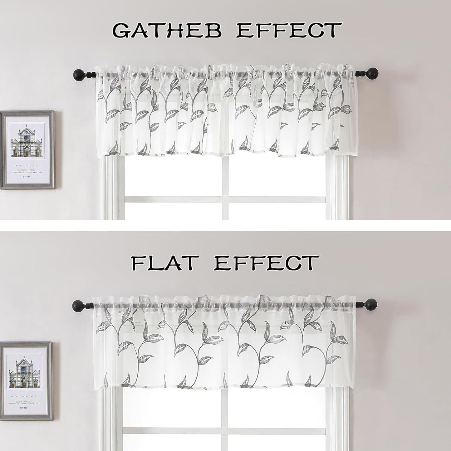 VISIONTEX Sheer Voile Curtain Valances, Decorative Leaves Embroidered, Rod Pocket Window Treatment for Kitchen/Rustic Bedroom/Living Room (54 x 16 Inch,1 Panel)