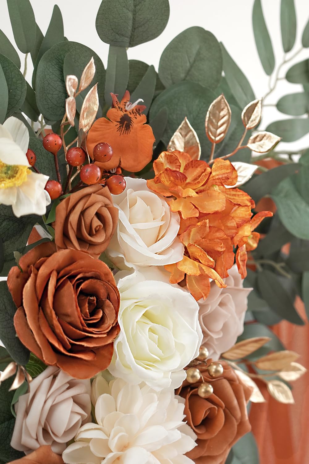 Burnt Orange Artificial Wedding Arch Flowers Kit (Pack of 3) with 26Ft Terracotta Shiny Arch Draping Fabric for DIY Wedding Party Ceremony Reception Backdrop Floral Decoration