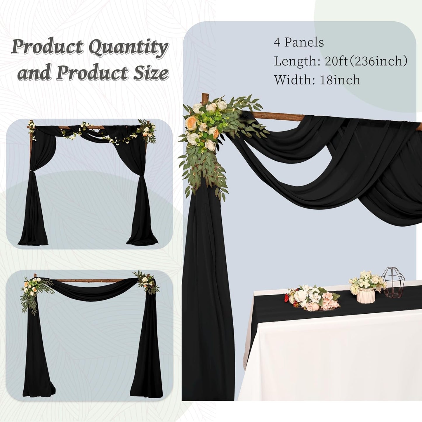 6 Panels Wedding Arch Draping Fabric 28 x 20Ft Chiffon Weddings Arch Drapes Chiffon Fabric Drape Sheer Backdrop Curtain for Wedding Party Ceremony Birthday Reception Swag Backdrop Ceiling Décor(Black)