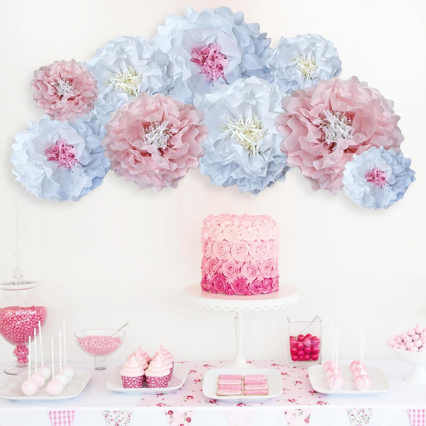 Pink Paper Flowers Decoration-Blush Pink Cream Colorful Paper Pom Poms Wall Decor for Baby Showers, Weddings, Graduations, Tea Parties, Engagement