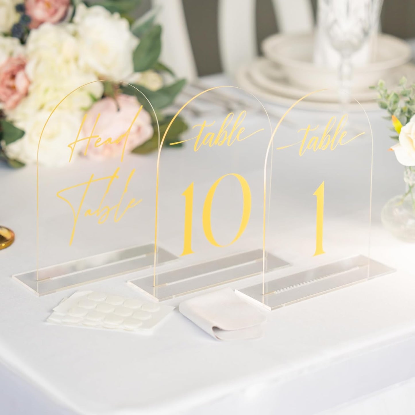 Clear Arch Acrylic Table Numbers for Wedding Reception - 5" x 7" Gold Font Centerpiece Set with Holder Stands & Head Table Sign - Anniversary, Event, Party, Wedding set 1-10