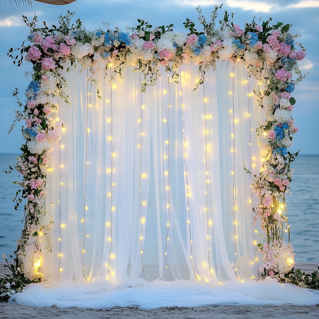 Tulle Backdrop Curtain with Lights String 20 X 10FT Ivory Sheer Tulle Backdrop Curtains for Wedding Birthday Party Reception Photo Booth Background Decorations (4 Panels 5x10FT)