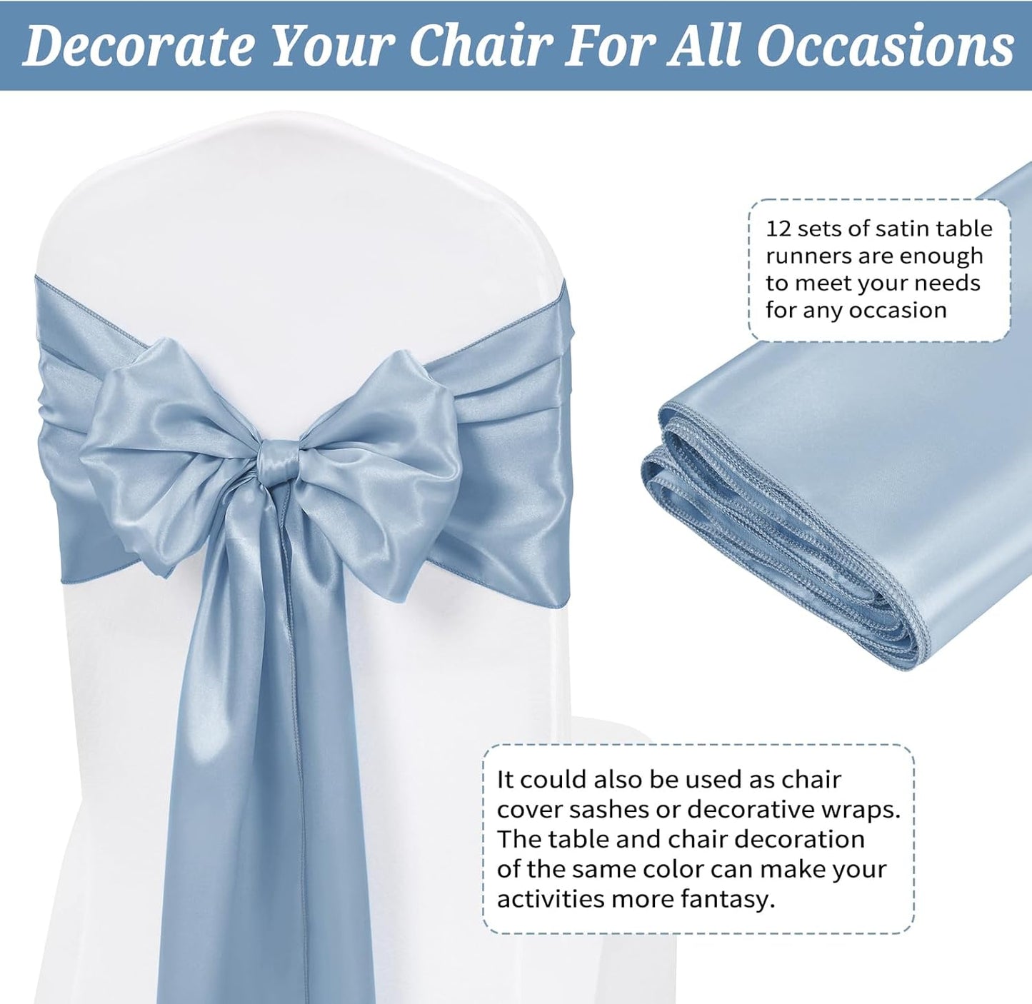 12 Pack Dusty Blue Satin Table Runner,12 x 108 inch Long Premium Smooth Table Runner for Wedding, Banquets, Birthday, Party, Graduation, Engagements,Table Runners fit Rectangle and Round Table