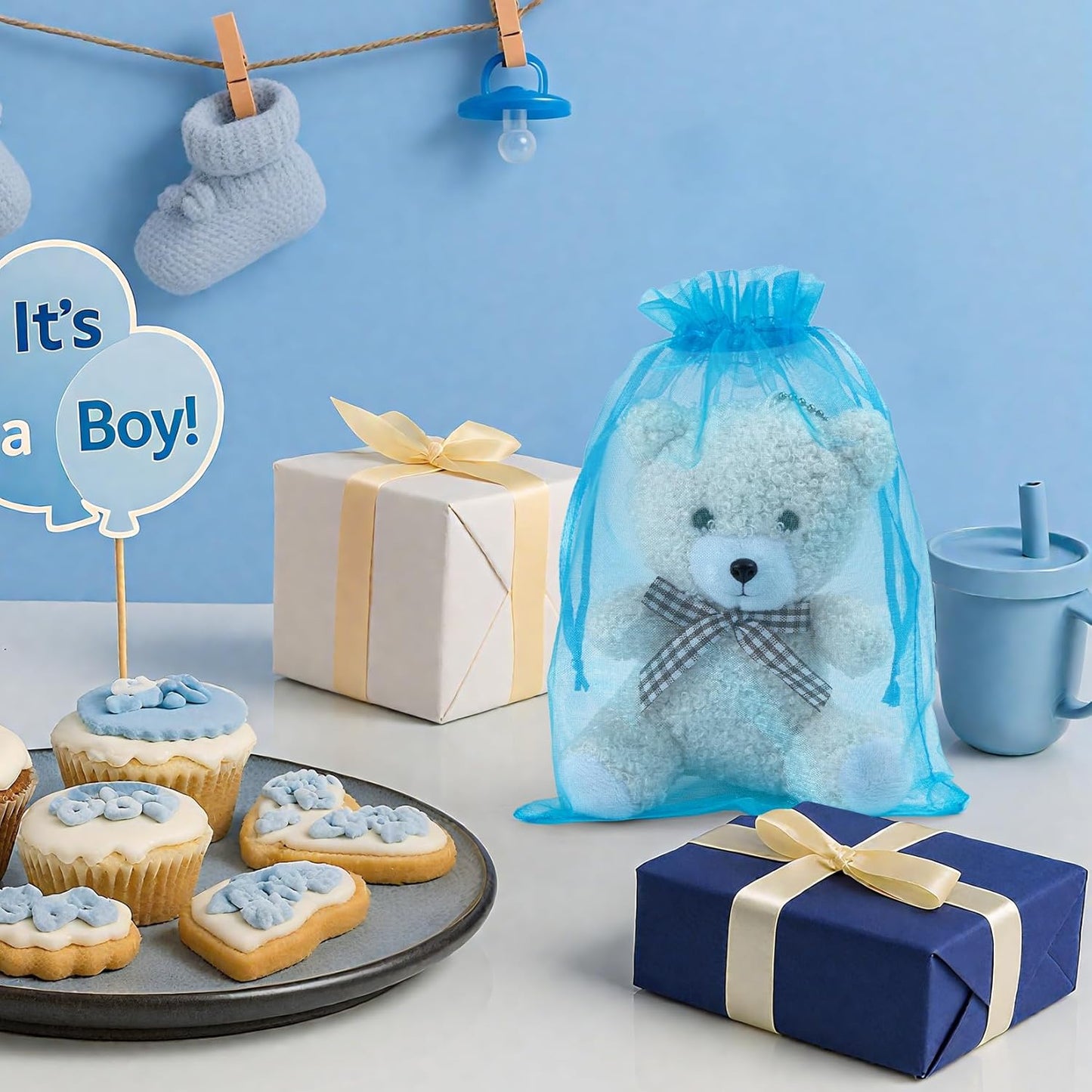 ANZNKU 100 Pack Organza Bags 4x6 Inch, Small Mesh Bag Drawstring Organza Gift Bags for Baby Shower, Party Favors(Lake Blue)