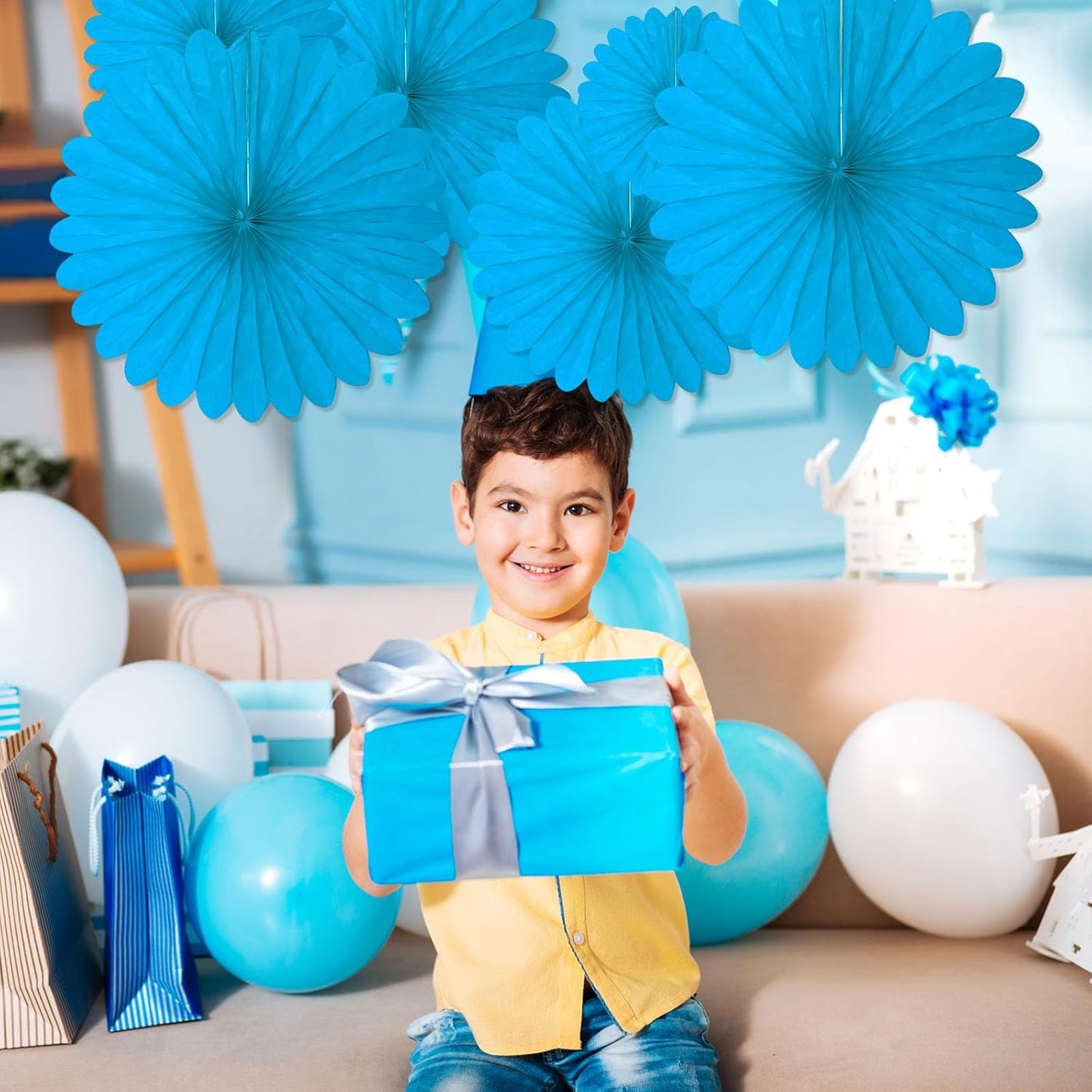 20 Pcs Sky Blue Hanging Paper Fan, Round Paper Fans Decorations Set for Weddings, Birthdays, Engagement, Bridal Shower, Baby Shower Event, Graduation, Party Supplies Decor