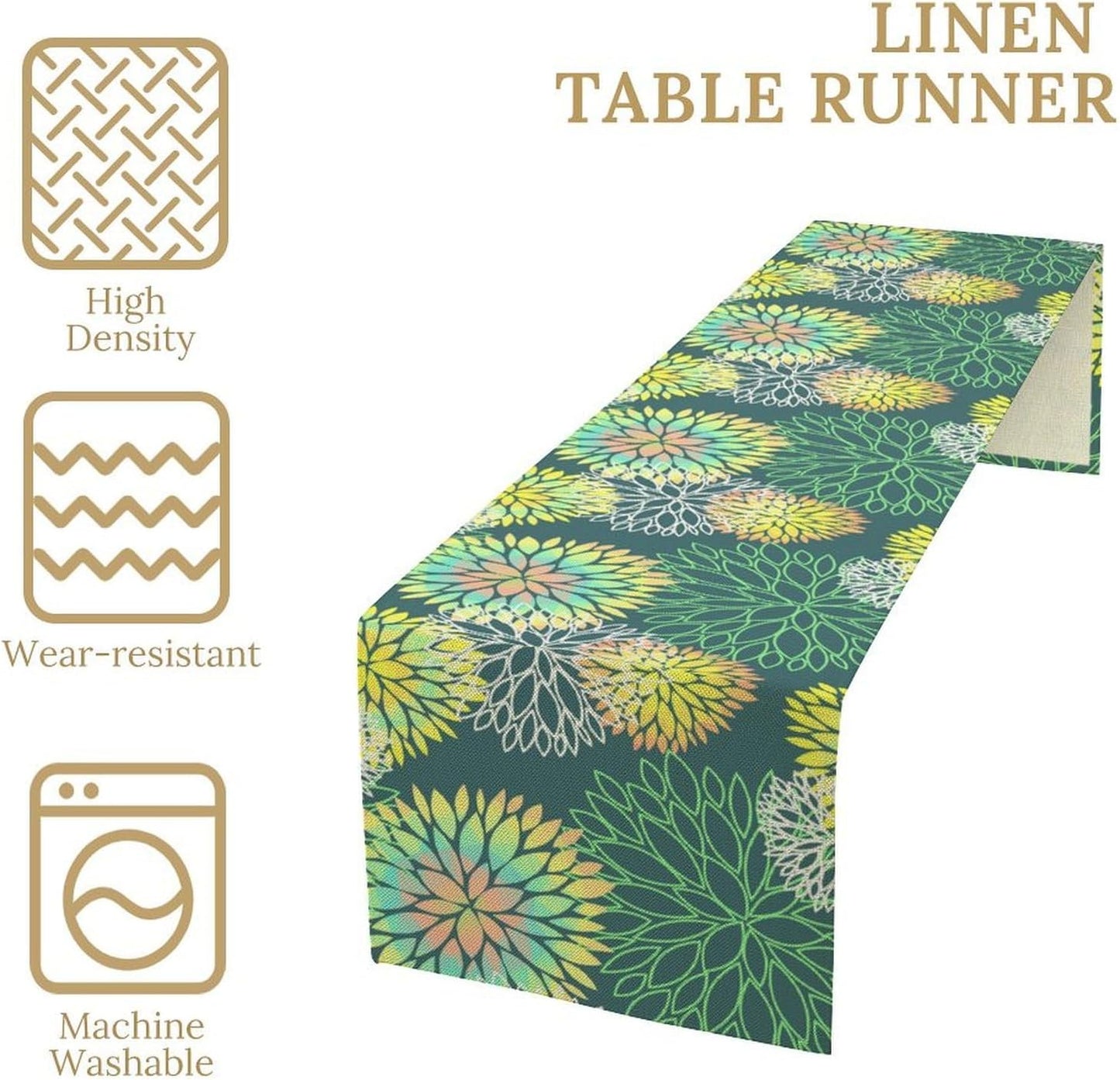 Green Dahlia Flower Table Runner, Linen Geometric Pattern Floral Table Decor Spring Farmhouse Decorations for Kitchen Dining Holiday Party Decor, 13x90 Inch