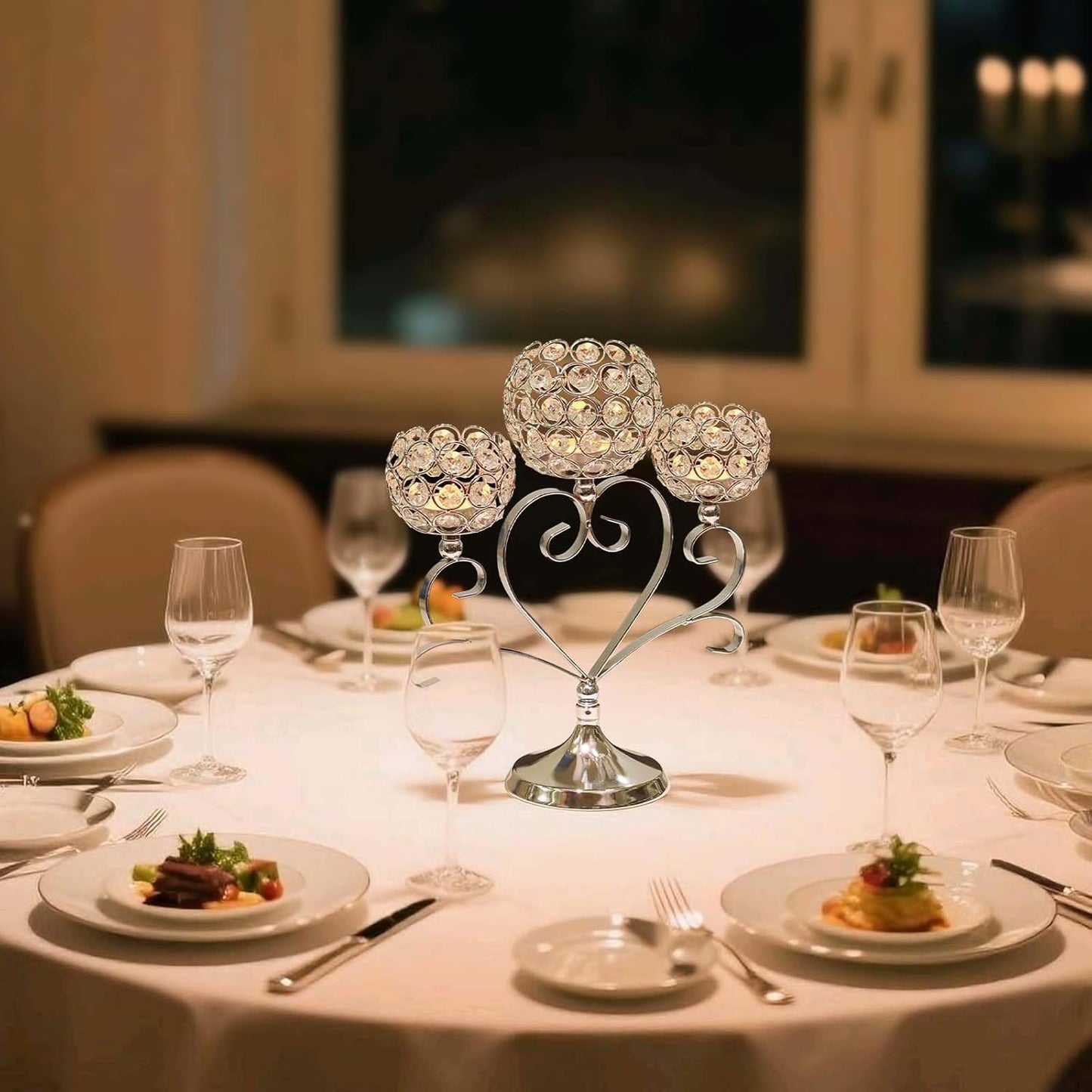 6 Pcs Silver 3-Arm Heart Tea Light Candle Holder - Crystal & Metal Wedding Centerpiece Decor, Sparkling Table Decor for Anniversaries/Romantic Tabletop Home/Dinner Party/Events