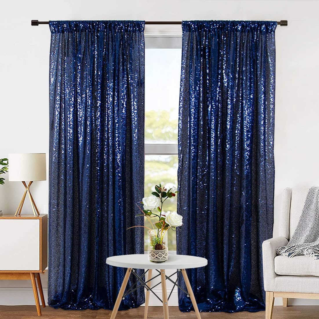Eternal Beauty Sequin Backdrop Curtains, 2x8 Ft-2 Panels Navy Blue Back Drop for Shimmer Photography Party Wedding Birthday Decor