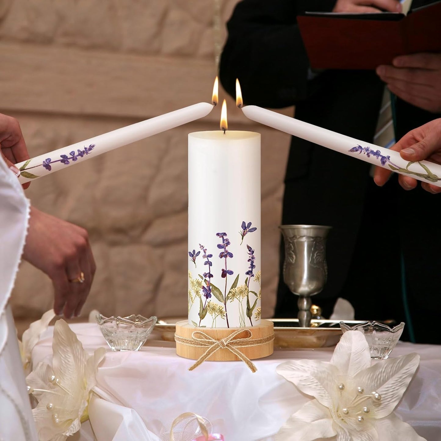 Irenare Unity Candles with Holder for Wedding Ceremony Wedding Decortions Accessories Glass Candle Holder Pillar Candle for Formal Events Church(Flower)