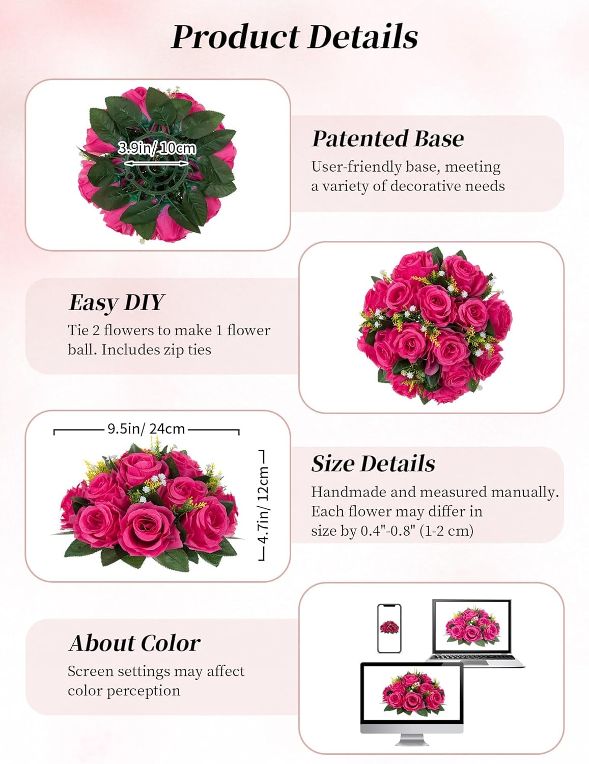 BLOSMON Hot Pink Flowers for Wedding: 10 Pcs Artificial Rose Balls for Table Decorations - Fake Silk Kissing Bouquet Floral Arrangement for Home Party Event Decoration
