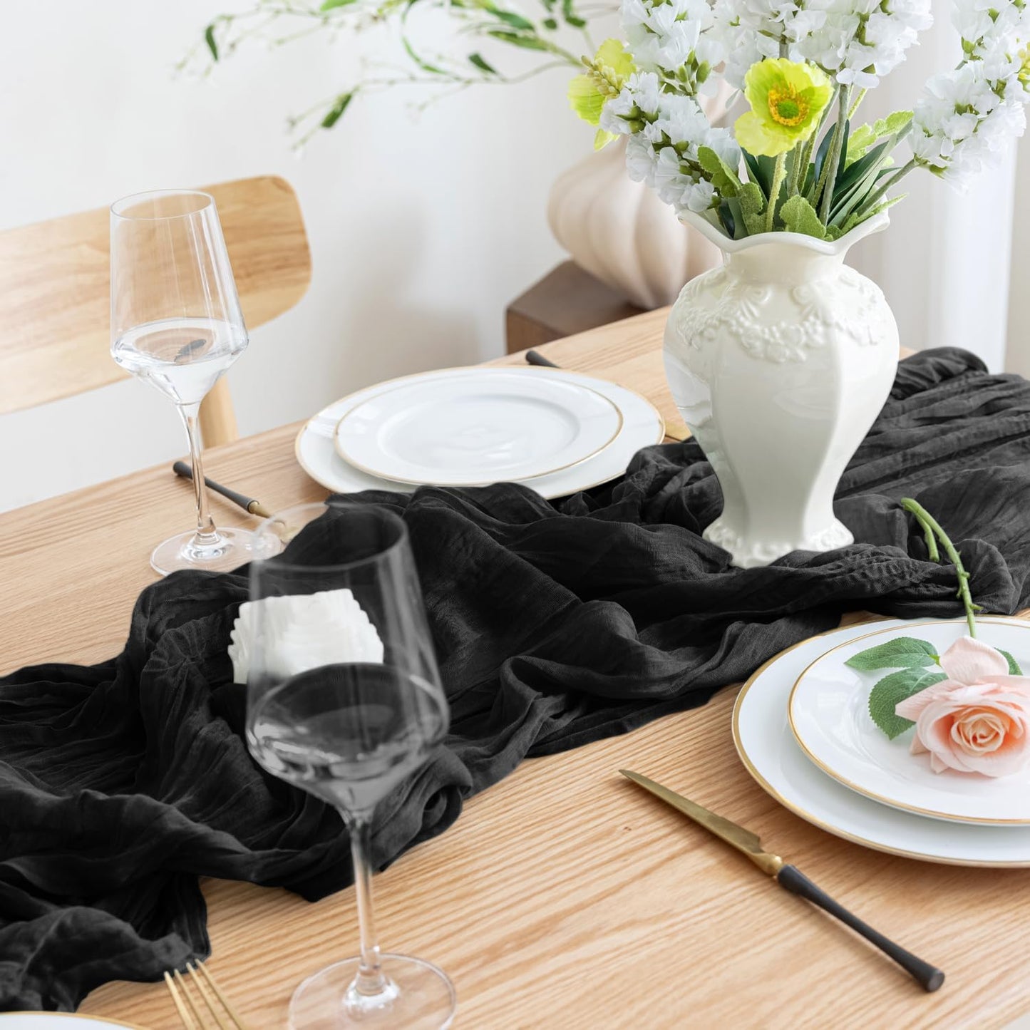 Asee'm Cheesecloth Table Runner 120 Inches Long Black Boho Gauze Cheese Cloth Runner 10FT Rustic Sheer Fall Table Runners for Thanksgiving Wedding Party Baby Shower Decoration