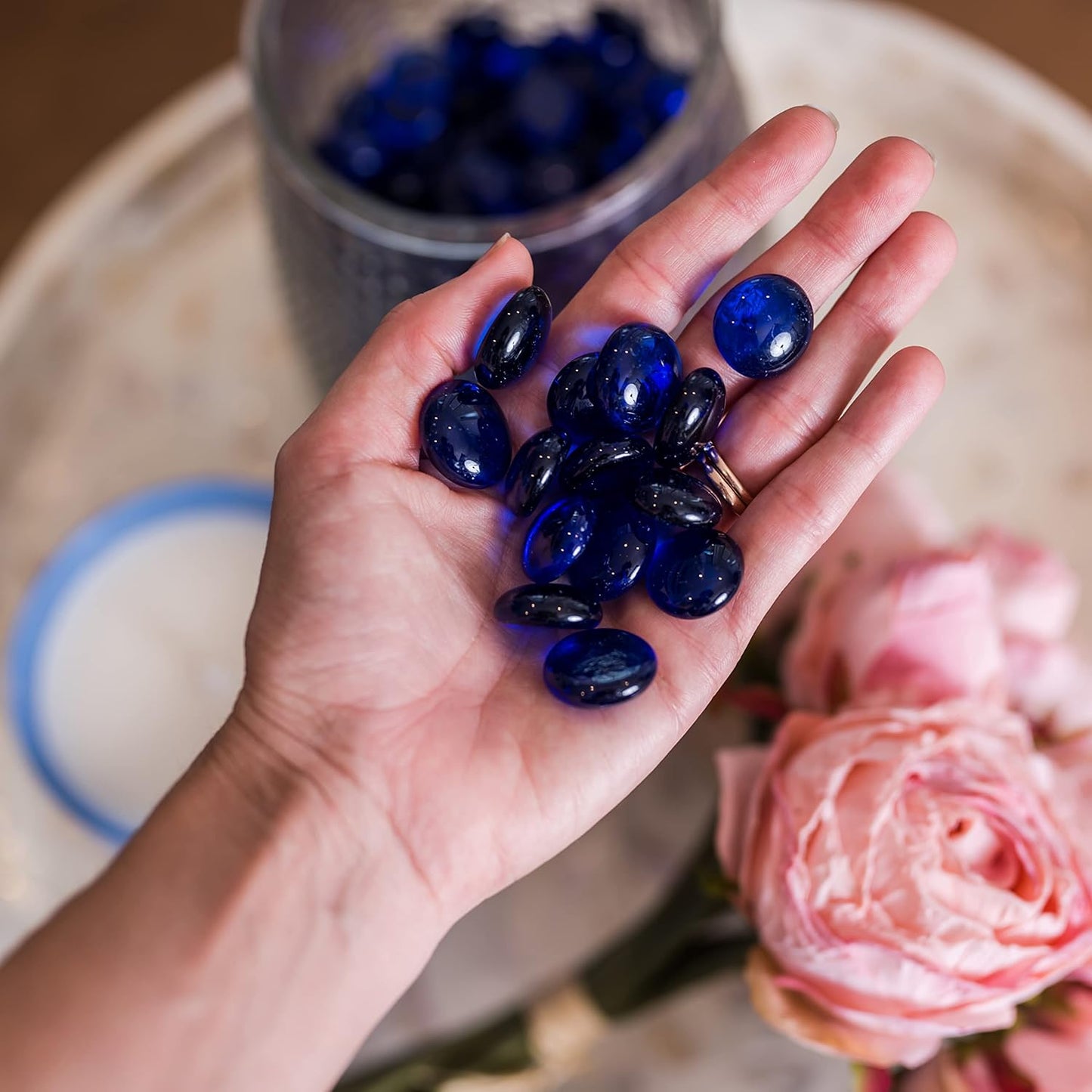 Galashield Flat Glass Marbles for Vases Cobalt Blue Glass Gems Beads Pebbles Vase Filler (5 LBS, Approx. 540 PCS)