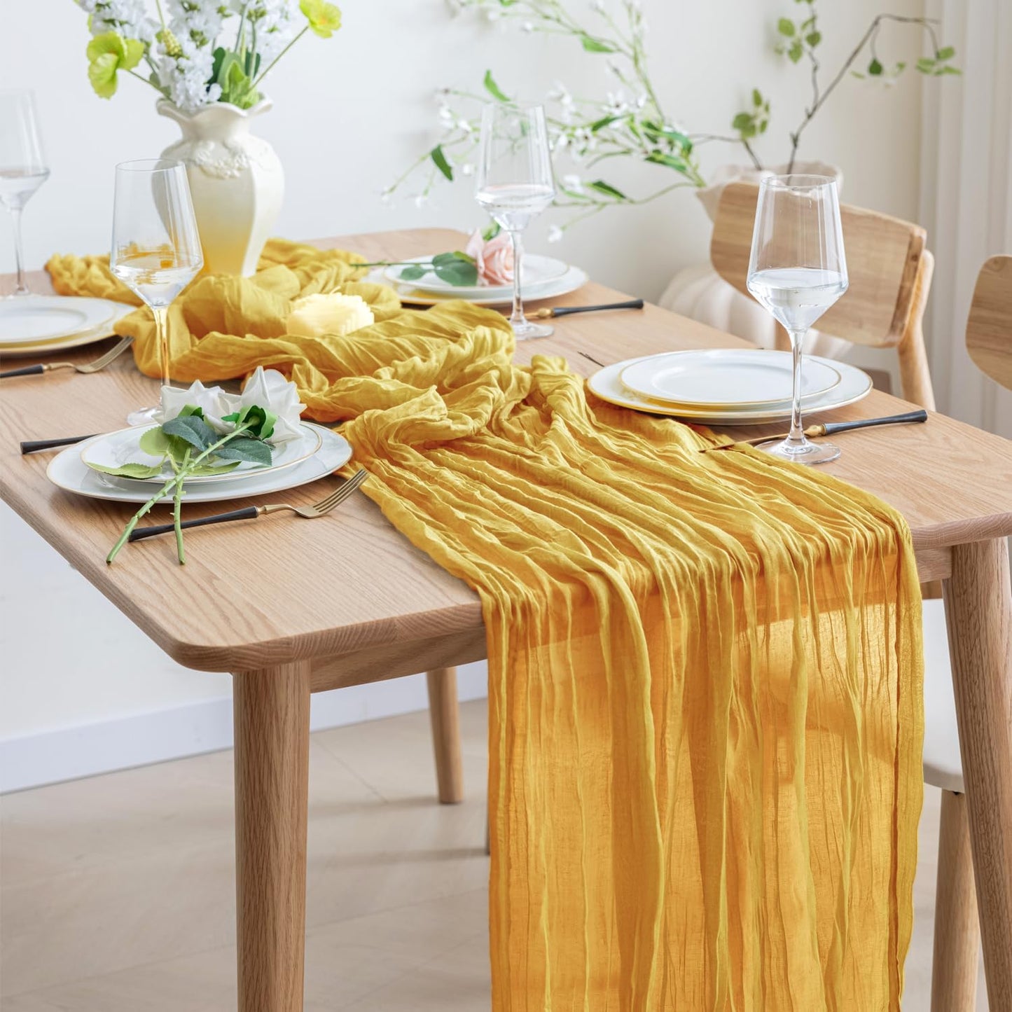 Asee'm 12pcs Cheesecloth Table Runner 120 Inches Long Gold Boho Gauze Cheese Cloth Runner 10FT Rustic Sheer Table Runners for Christmas Wedding Party Baby Shower Spring Easter Decoration