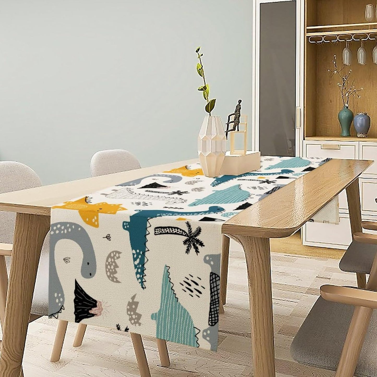 Cartoon Dinosaur Table Runner,Kids Boys Cute Various Dino Moutain Modern Abstract Print Tablecloth Burlap for Hotel Indoors Outdoor Dining Room Kitchen Holiday Party, 13x70in