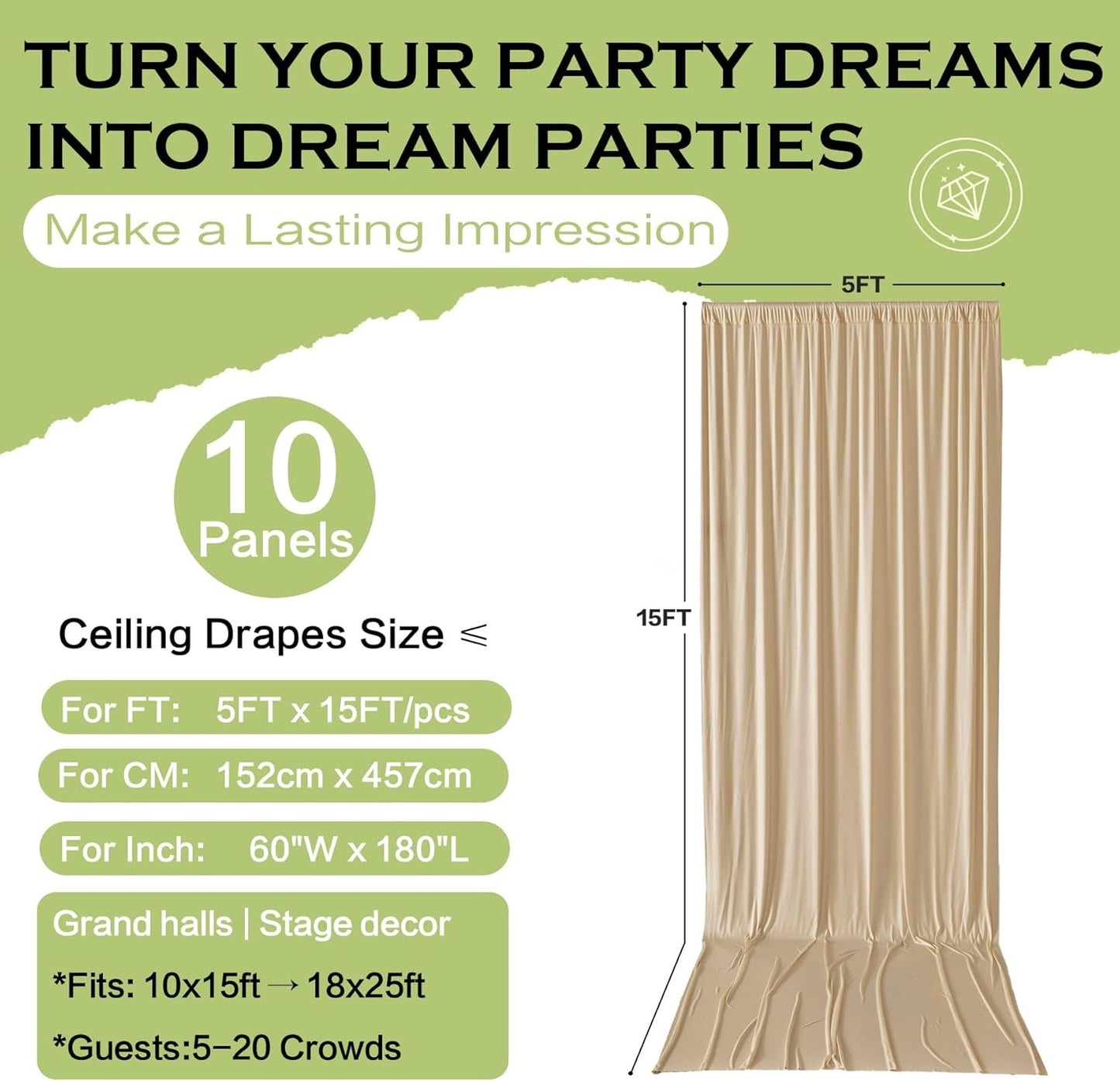 PartyVillage 50ft×15ft Beige Backdrop Curtain for Wedding Parties, 10 Panels Wrinkle Free 15 FT Long Polyester Photo Backdrop Drapes Back Drop Cloth for Birthday Photography Background