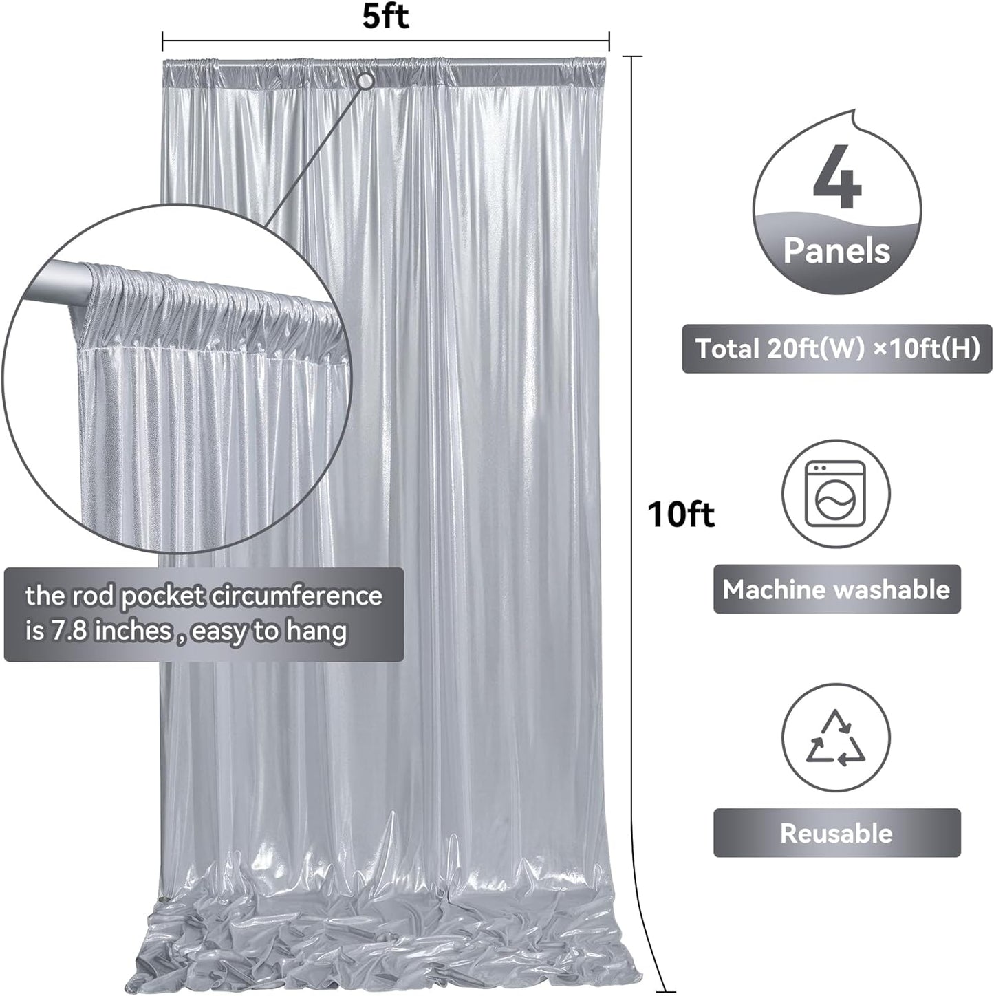 20ftx10ft Silver Sequin Backdrop Curtain for Parties, Wrinkle Free 4 Panels 5x10FT Glitter Photo Backdrop Drapes Shimmer Back Drop Cloth for Wedding Birthday Christmas Photography Background