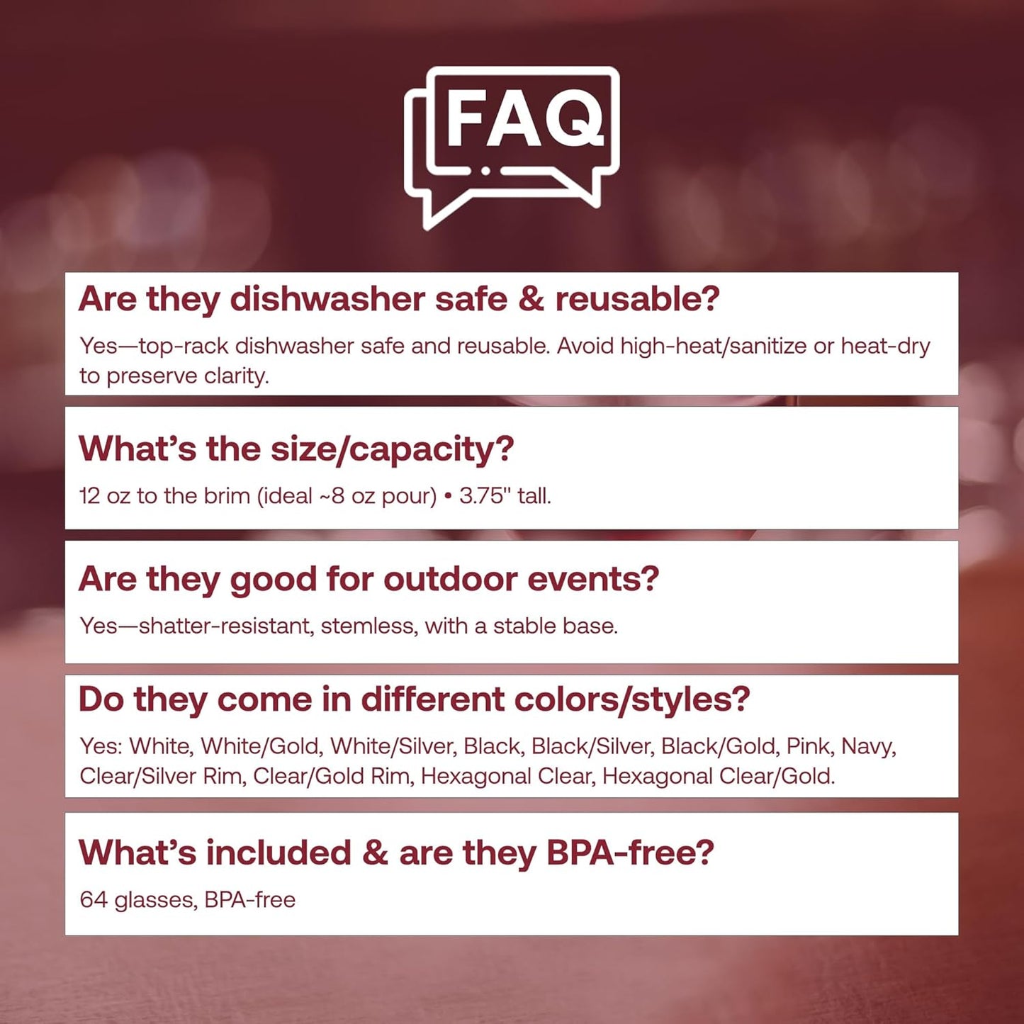 Smarty Had A Party 12 oz Wine Glasses Pack of 64 White Stemless Plastic Glasses, Unbreakable Disposable Drinkware for Parties and Events