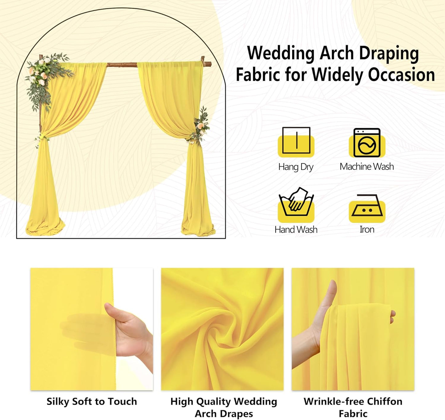 4 Panels Wedding Arch Draping Fabric 28" x 20Ft Curtain Backdrop Wedding Arch Drapes Chiffon Fabric Drape Sheer for Nuptials Party Baby Shower Ceremony Arbor Drapery Reception Ceiling Decor(Yellow)