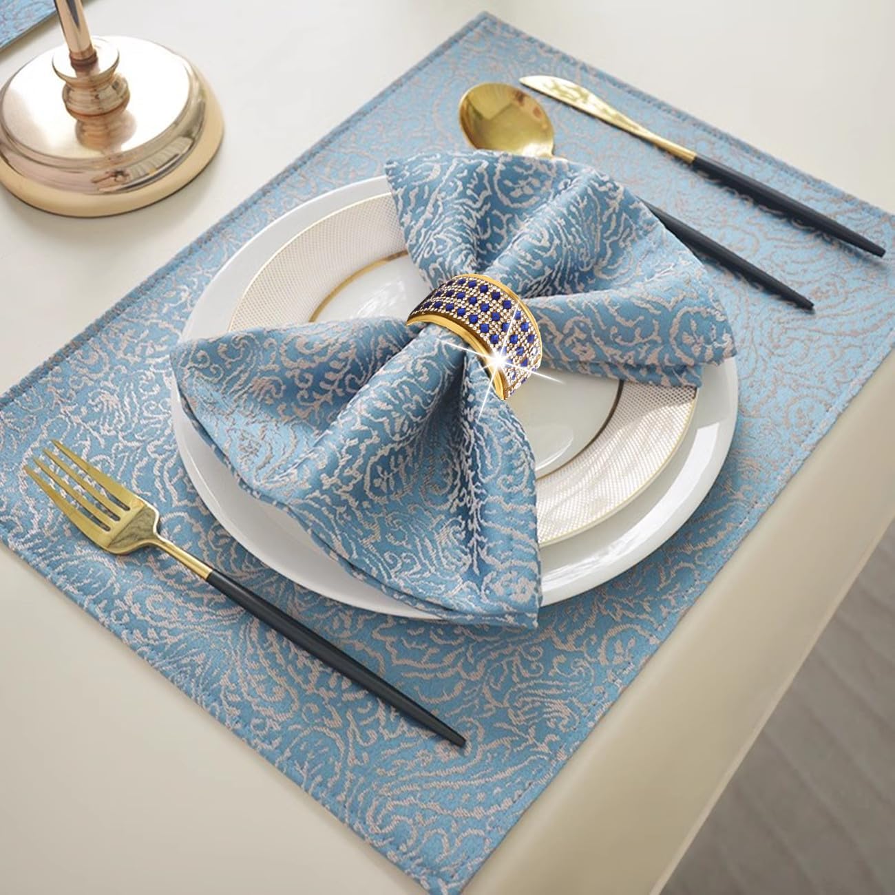 Rhinestone Napkin Ring Gold Napkin Rings Stainless Steel Blue Crystal Napkin Holder Set of 12 for Dinner, Wedding, Party, Holiday, Banquet,Everyday Table Setting Home Decor