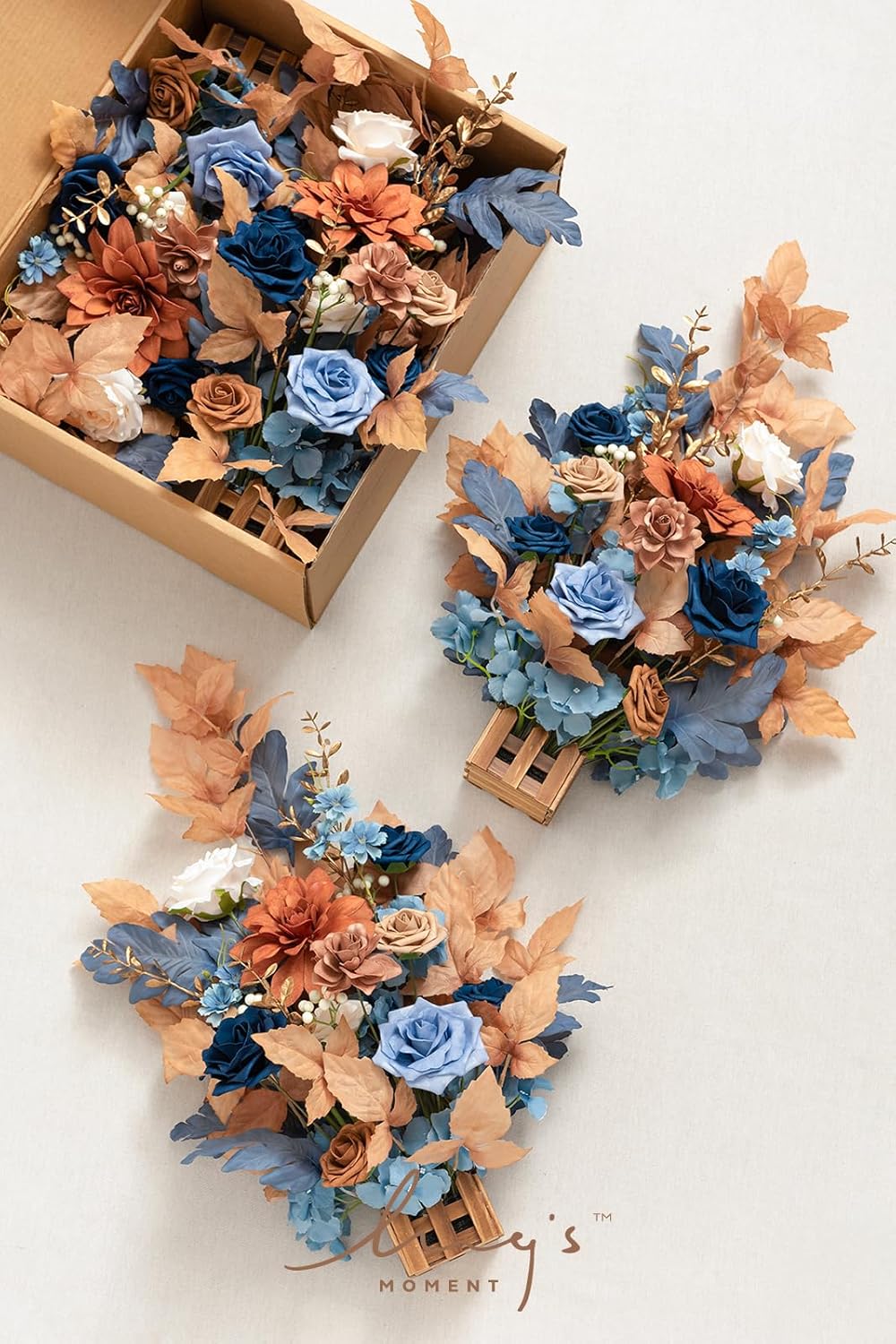 Ling's Moment 17.5" Tall Standing Artificial Flowers Arrangements 4pcs Fall Wedding Aisle Runner Chair Decorations Russet Orange & Denim Blue Centerpieces for Ceremony Reception Floral Party Outdoor