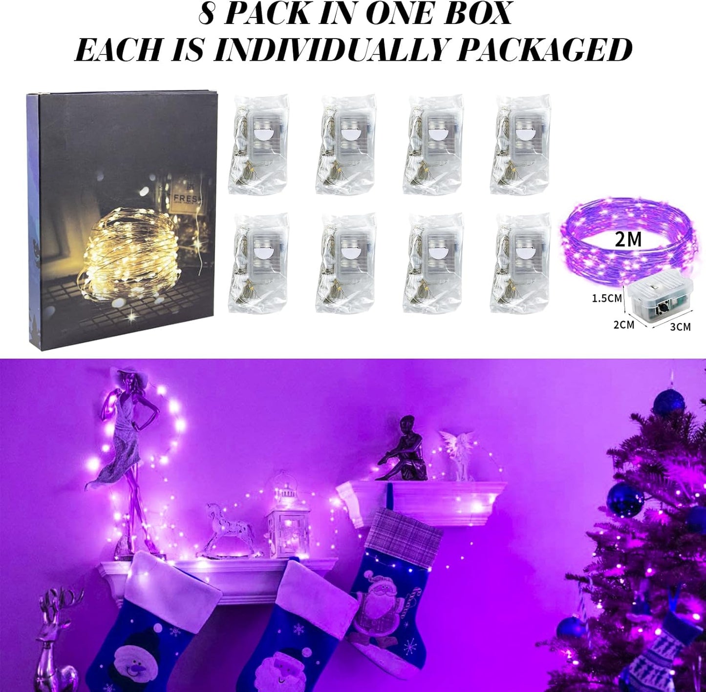 ZGWJ 8 Pack Fairy Lights Battery Operated, 7ft 20 Mini LED Fairy String Lights Silver Wire 3 Modes for DIY, Parties, Wedding, Bedroom, Halloween Christmas Decoration Purple
