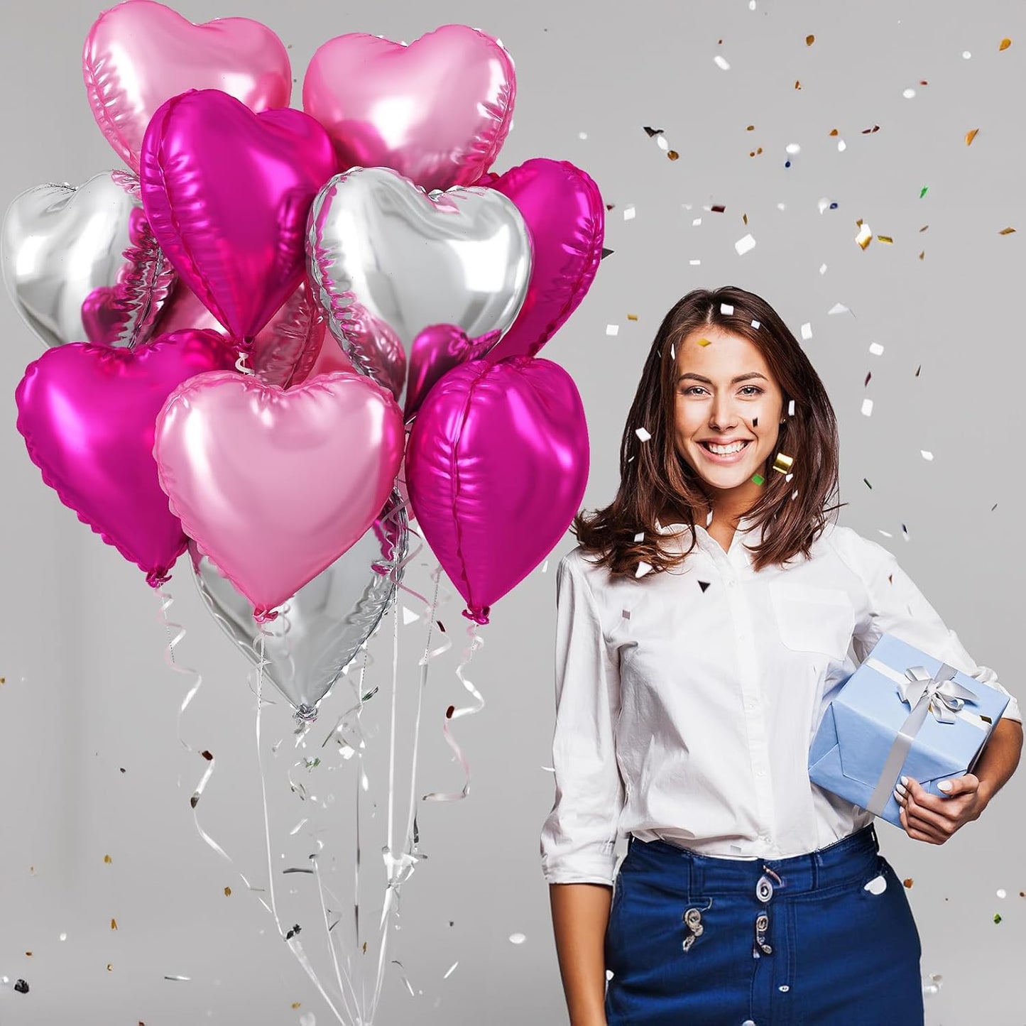 TAOYE 12 Pcs 18 Inch Heart Balloons, Hot Pink Silver and Pink Heart Shape Mylar Balloons for Birthday Wedding Valentines Anniversary Baby Shower