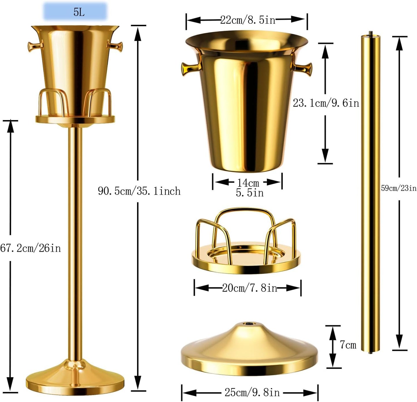 Ice Bucket with Stand Standing Champagne bucket for Party Stainless Steel Wine Bucket Wine Cooler with Stand 5L Wine Chiller for Bar Ktv Weding (gold)
