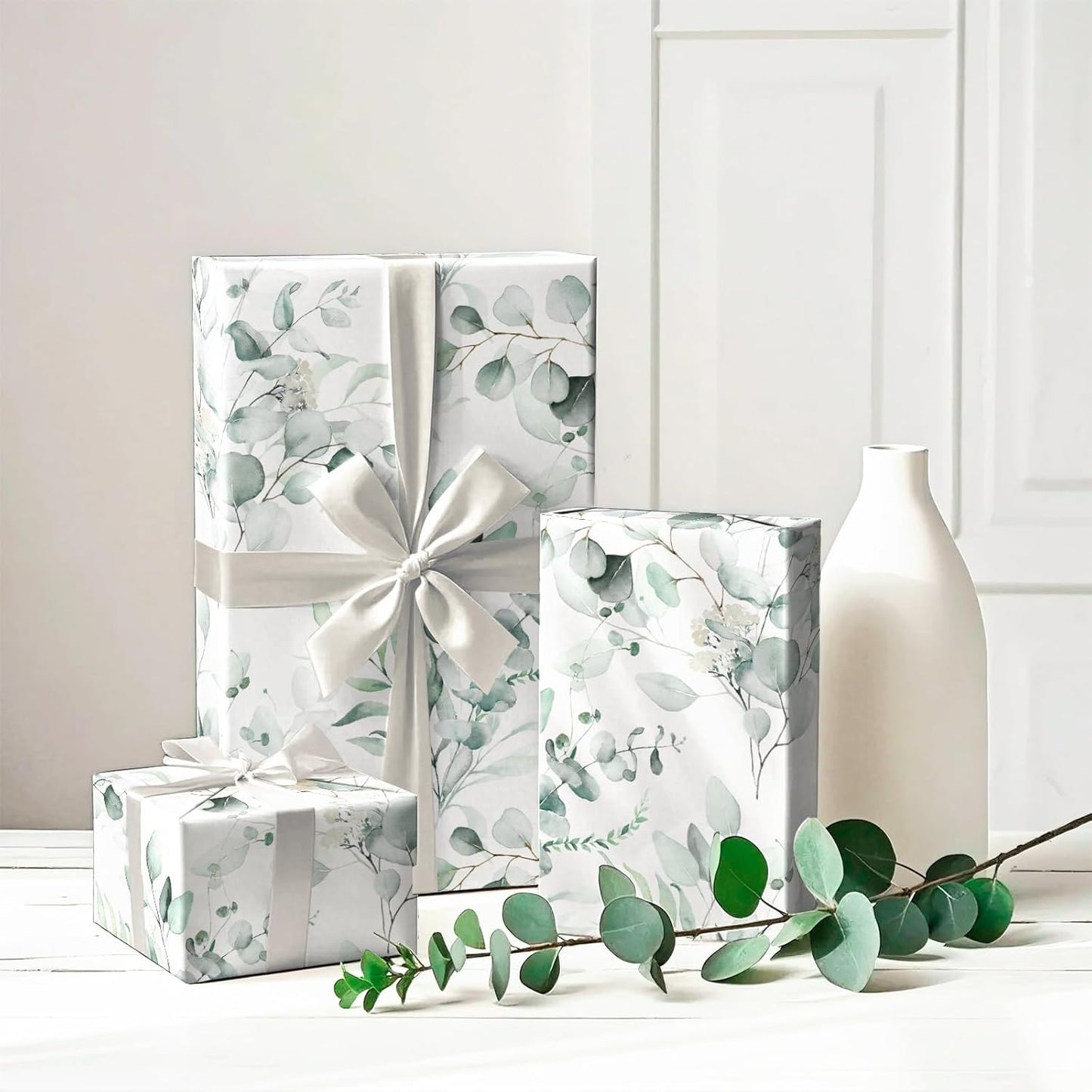 WRAPAHOLIC Eucalyptus Leaves Wrapping Paper Roll - Mini Roll - 17 Inch x 9.8 Feet - Eucalyptus Greenery Wrapping Paper Perfect for Birthday, Wedding, Bridal Shower