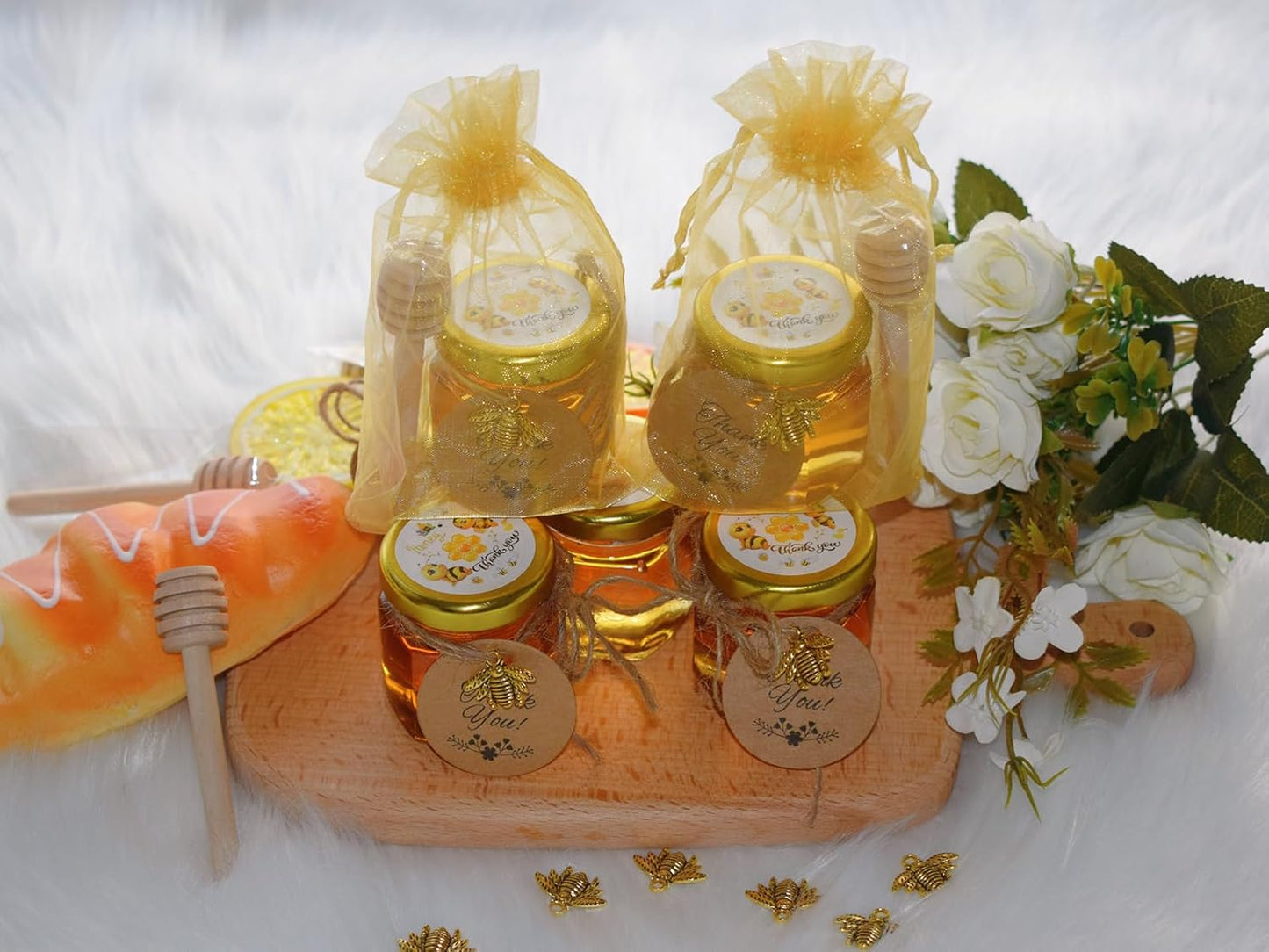 IIKUM 60 Pack 1.5 oz Hexagon Mini Glass Honey Jars with Wooden Dippers, Bee Pendants, Gift Bags, Thank You Cards, Jutes and Cute stickers- Perfect for Baby Shower, Wedding Favors and Party Favors