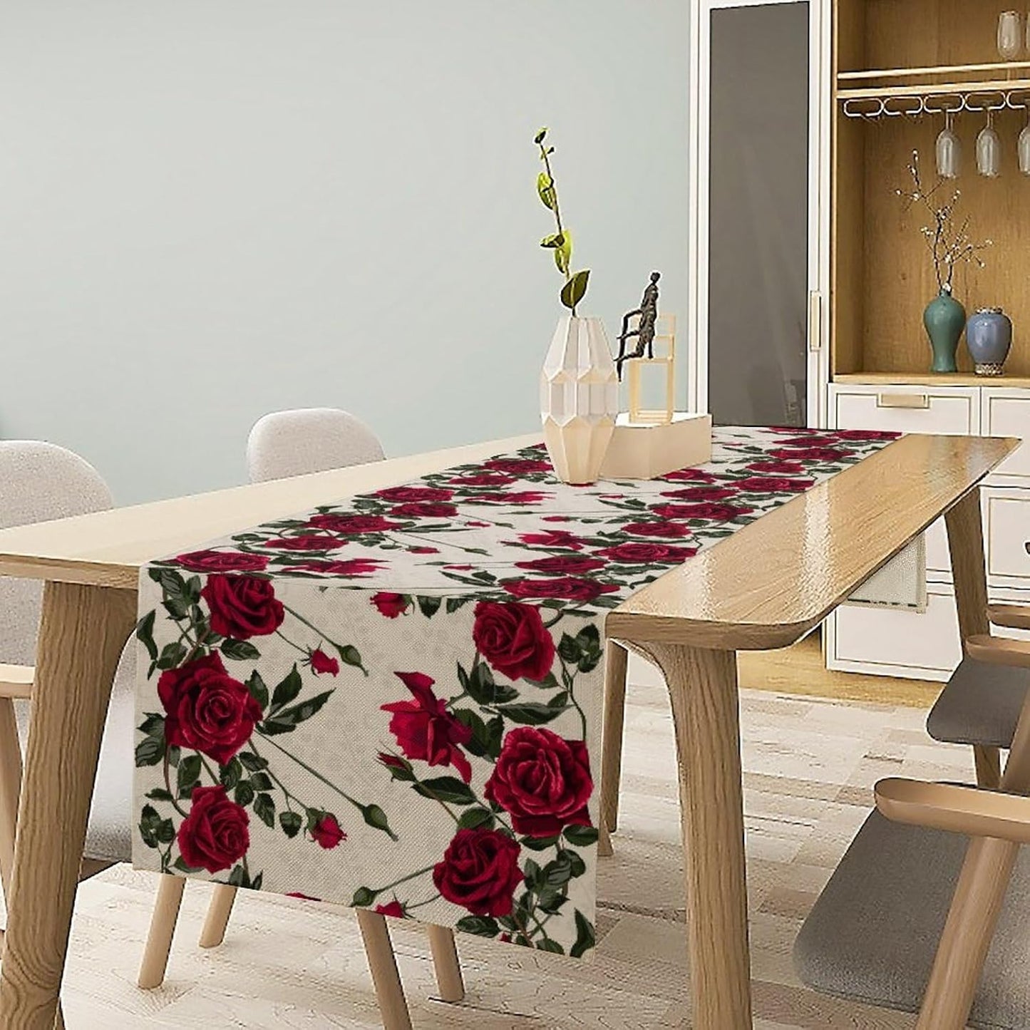 Rose Table Runner, Retro Red Rose Flowers Green Leaves Valentine's Day Kitchen Dinning Table Runner for Indoor Outdoor Home Wedding Party Holiday, 13x90 Inch