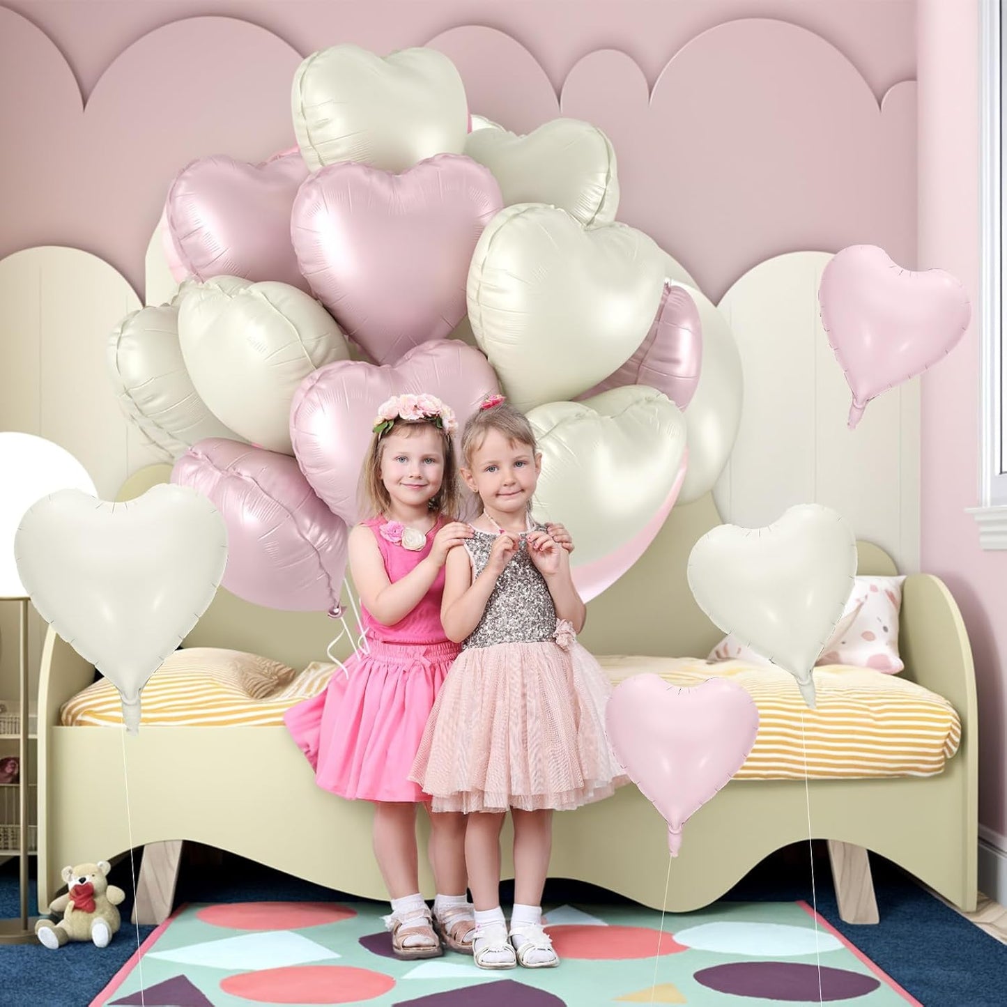 12 Pcs Heart Balloons, 18 inch Pink White Heart Shaped Balloons, Big Foil Helium Balloon, Retro Pink Love Foil Balloon for Wedding Baby Shower Valentine Party Decorations