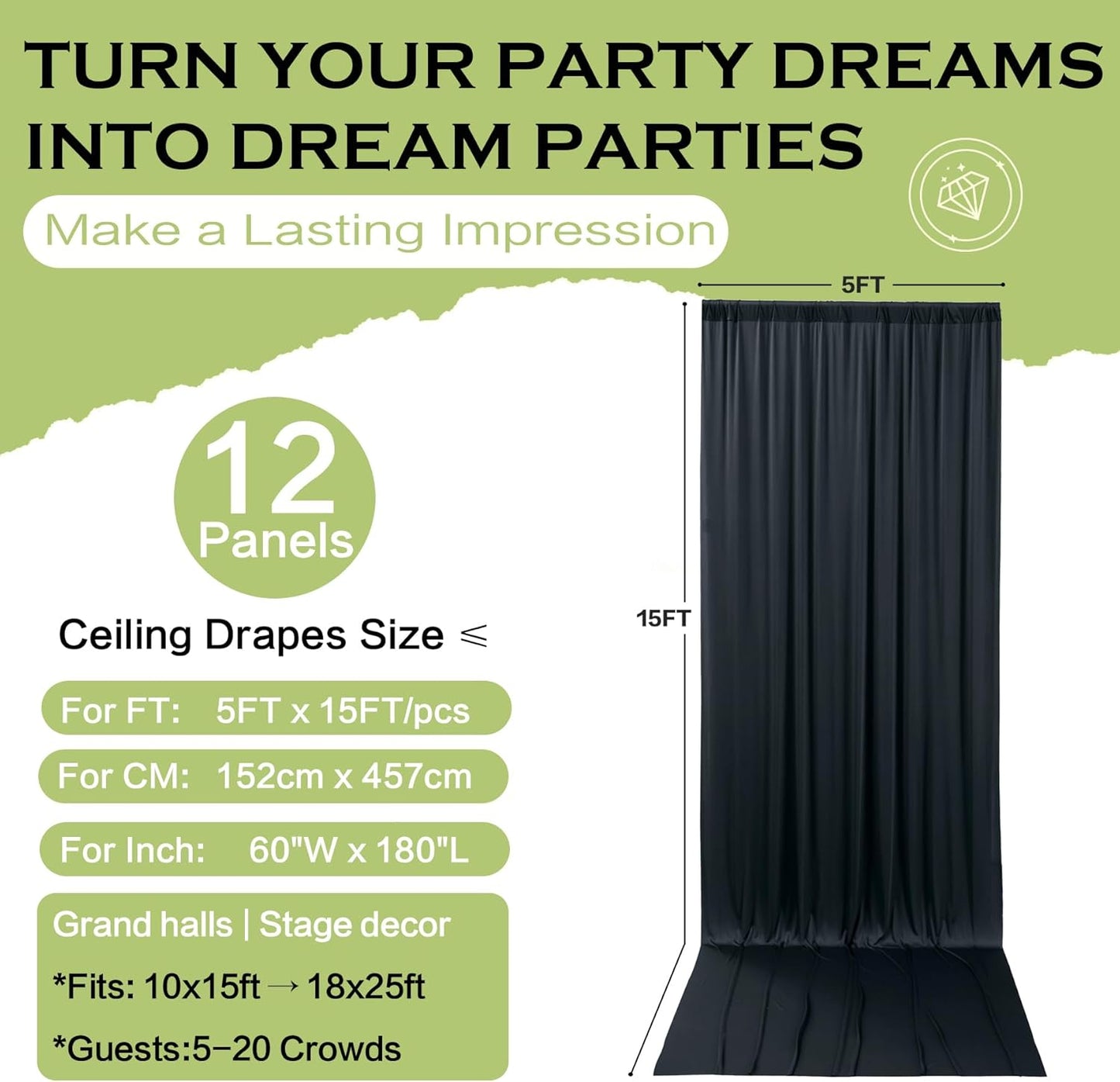 PartyVillage 60ft×15ft Black Backdrop Curtain for Halloween Parties, 12 Panels Wrinkle Free 15 FT Long Polyester Photo Backdrop Drapes Back Drop Cloth for Birthday Photography Background