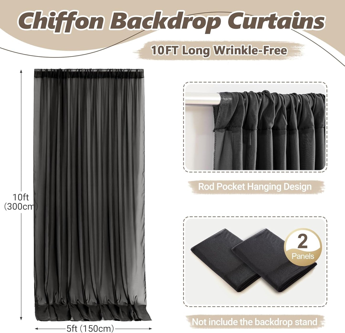 10ft x 10ft Black Backdrop Curtains, Wrinkle-Free Sheer Chiffon Fabric Photo Background Drapes for Wedding Arch Party Ceremony Stage Photography Decorations
